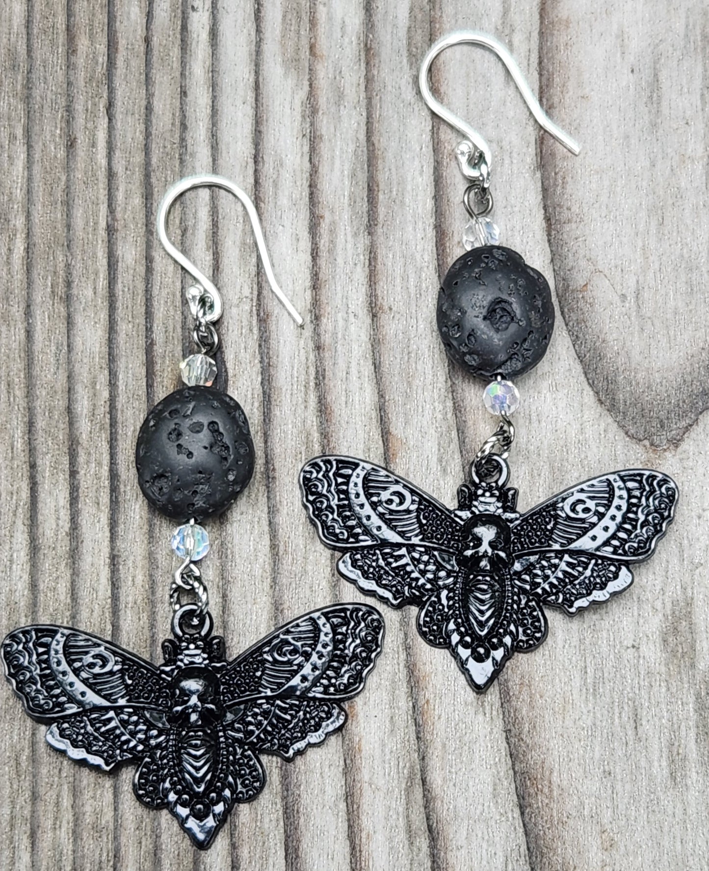 Deaths Head Moth and Lava Bead Sterling Silver Earrings Item JL446