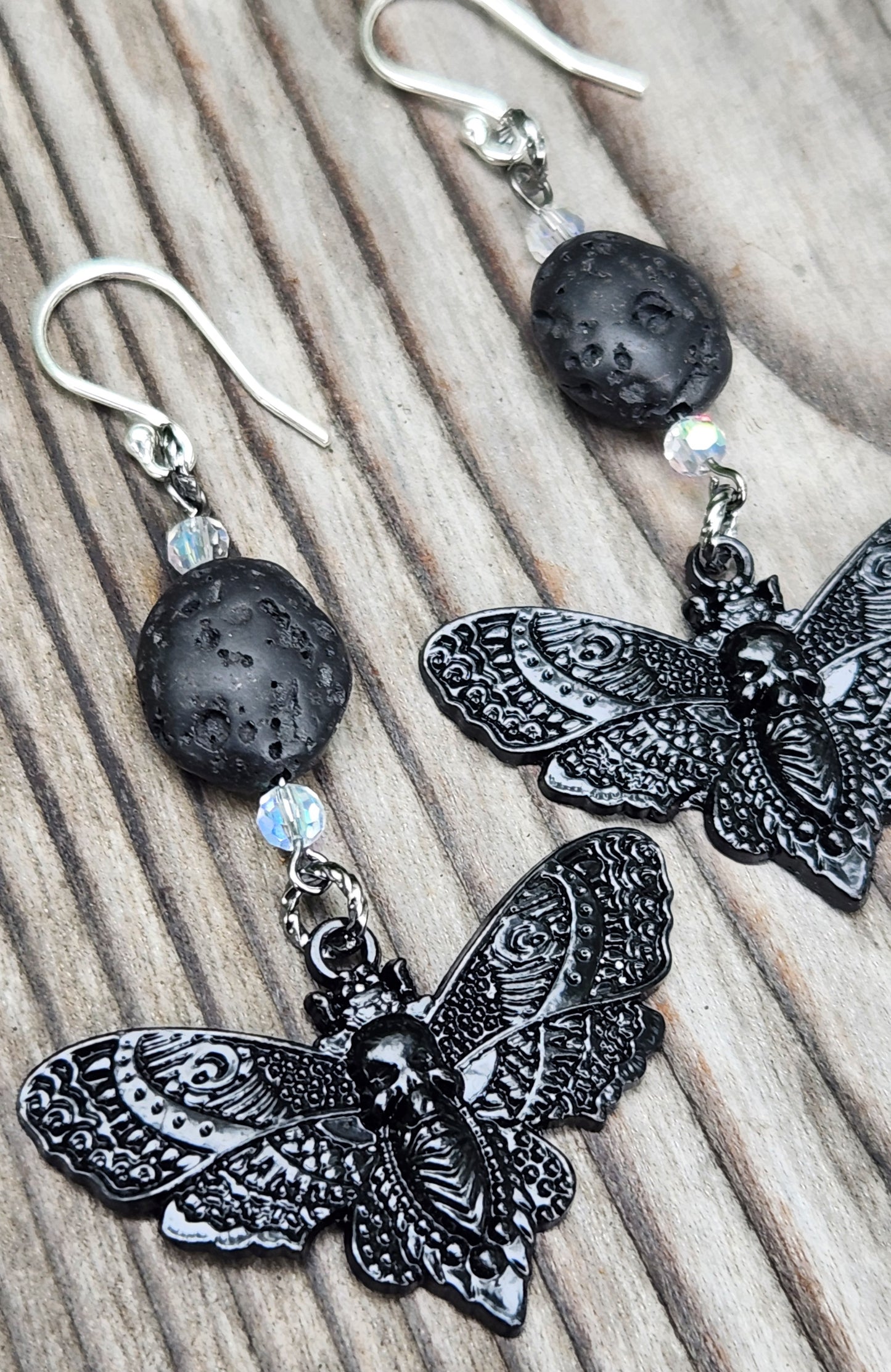 Deaths Head Moth and Lava Bead Sterling Silver Earrings Item JL446