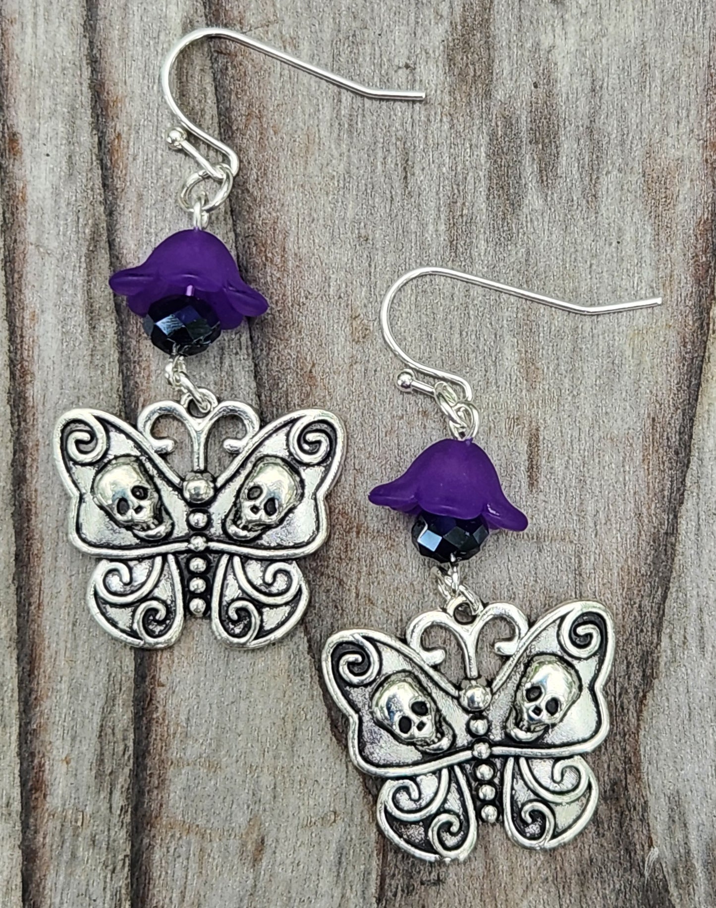 Gothic Butterfly Skull and Purple Flower Sterling Silver Earrings Item JL445