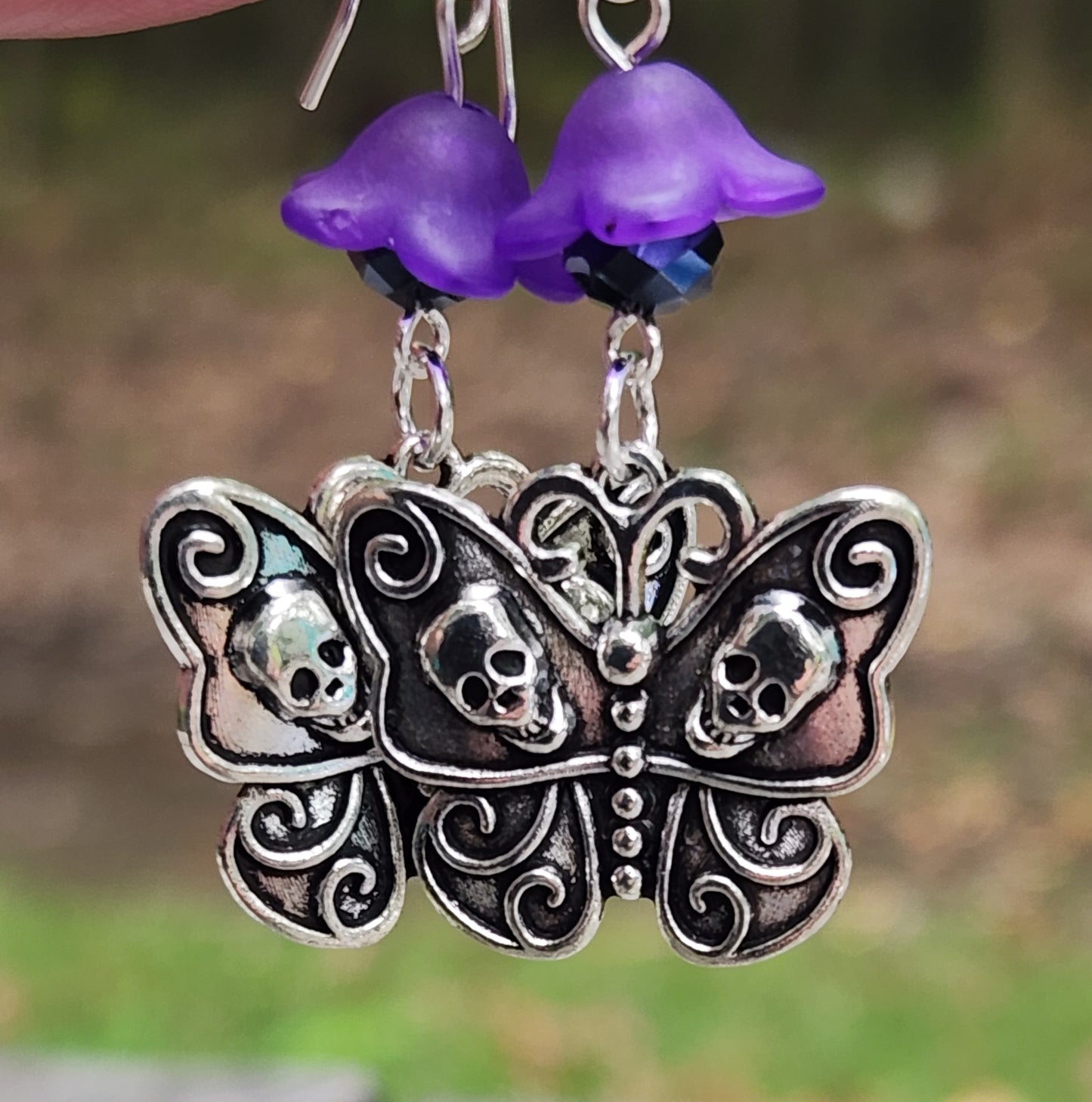 Gothic Butterfly Skull and Purple Flower Sterling Silver Earrings Item JL445