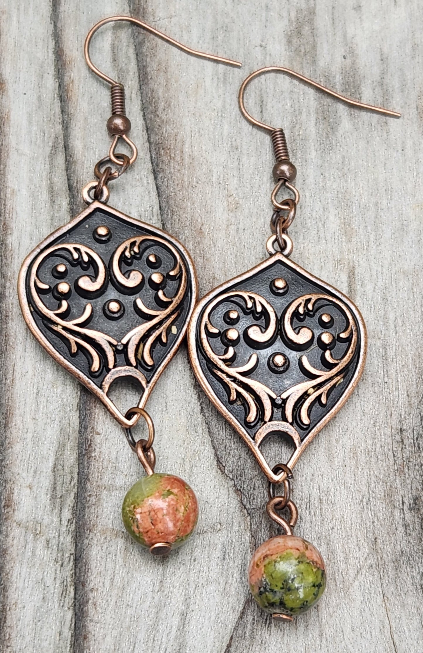 Unakite and Red Copper Filigree Earrings Item JL450