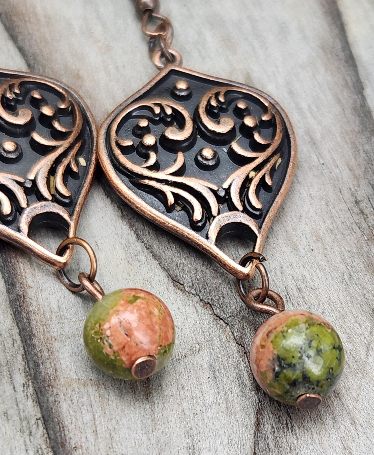 Unakite and Red Copper Filigree Earrings Item JL450