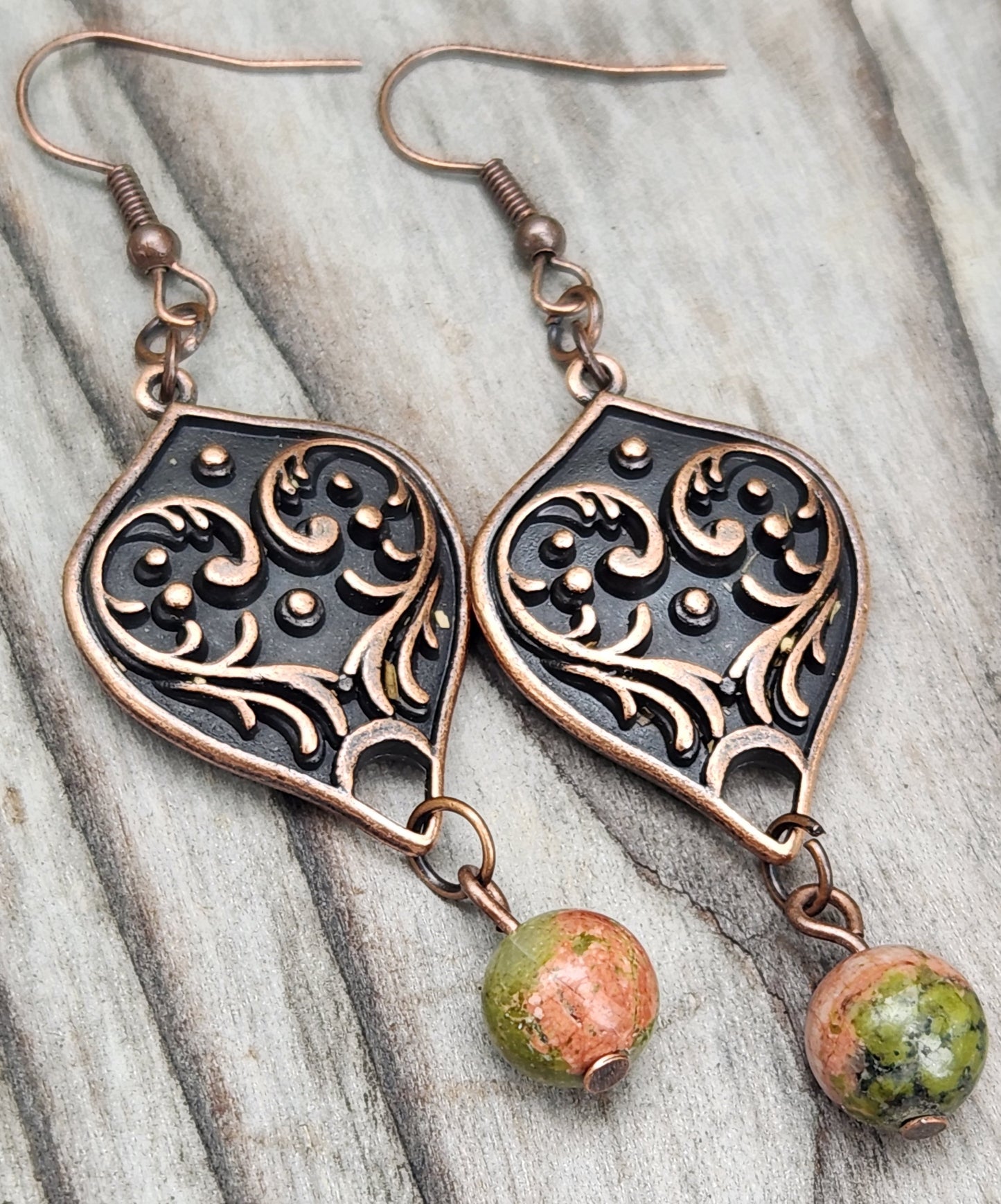 Unakite and Red Copper Filigree Earrings Item JL450