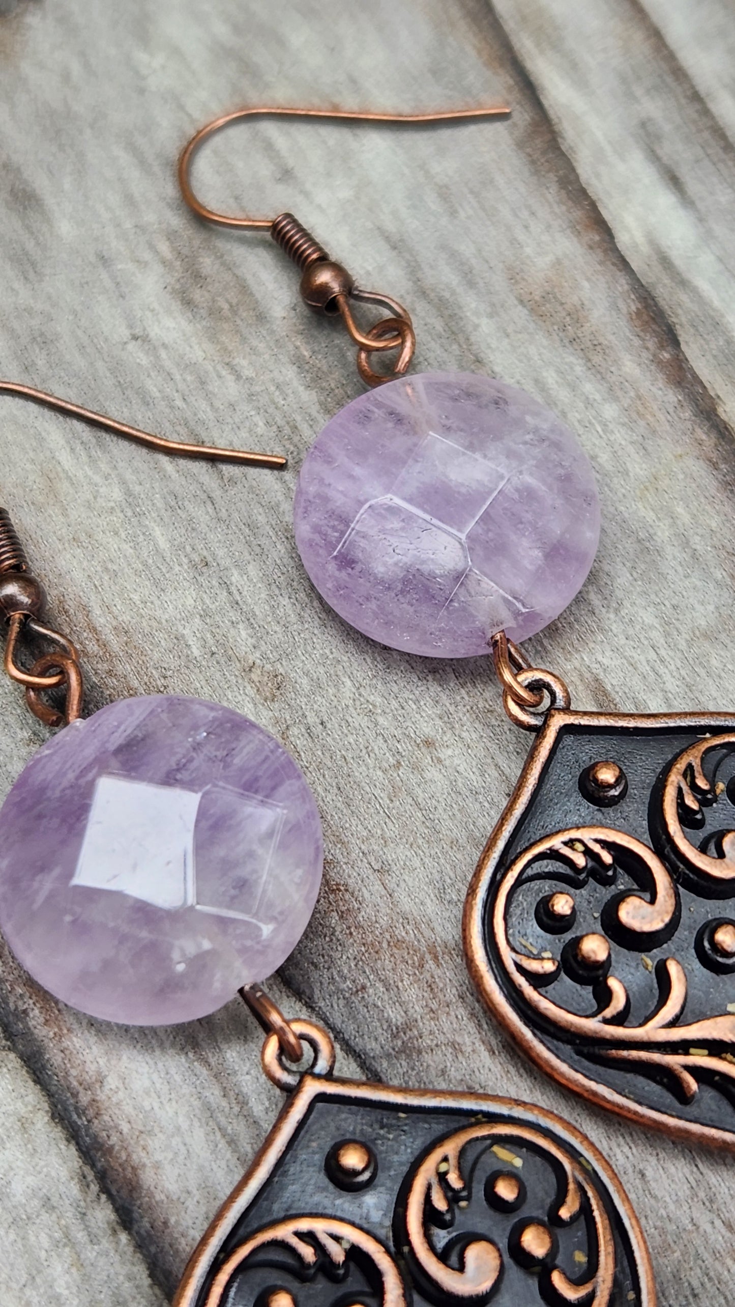 Amethyst and Red Copper Filigree Earrings Item JL449