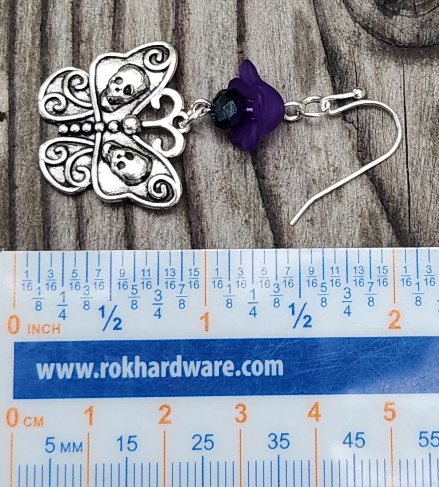 Gothic Butterfly Skull and Purple Flower Sterling Silver Earrings Item JL445