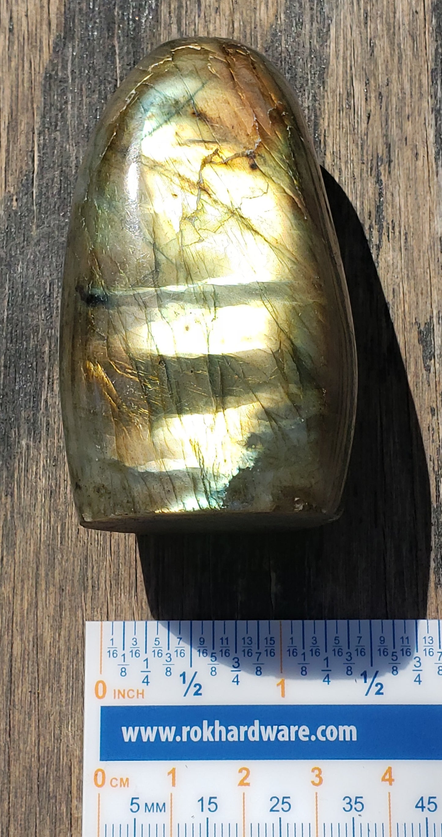 Polished labradorite freeform crystal showing bright golden flash with subtle blue and green tones in natural light ruler ff03-2