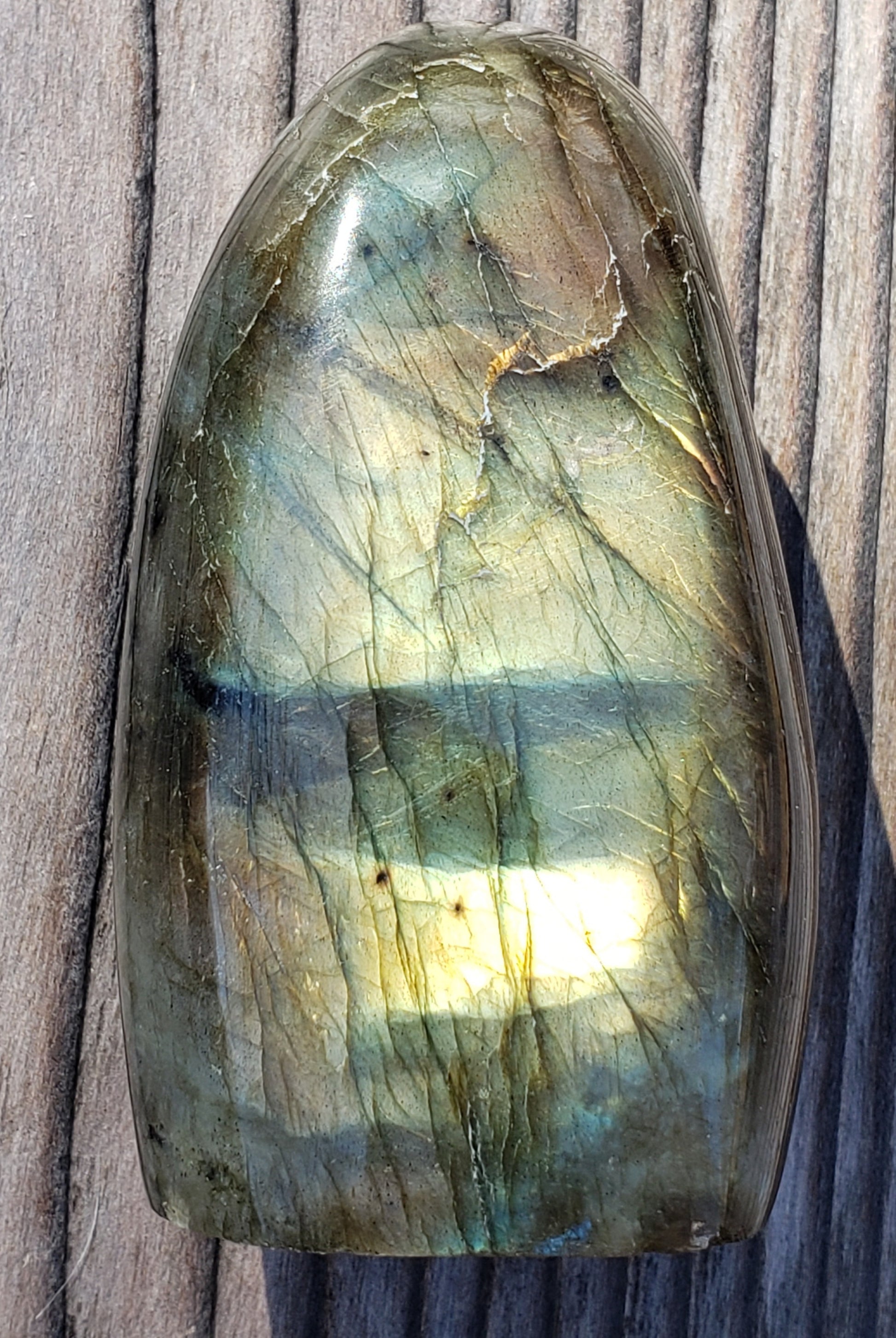 Polished labradorite freeform crystal showing bright golden flash with subtle blue and green tones in natural light ff03-3