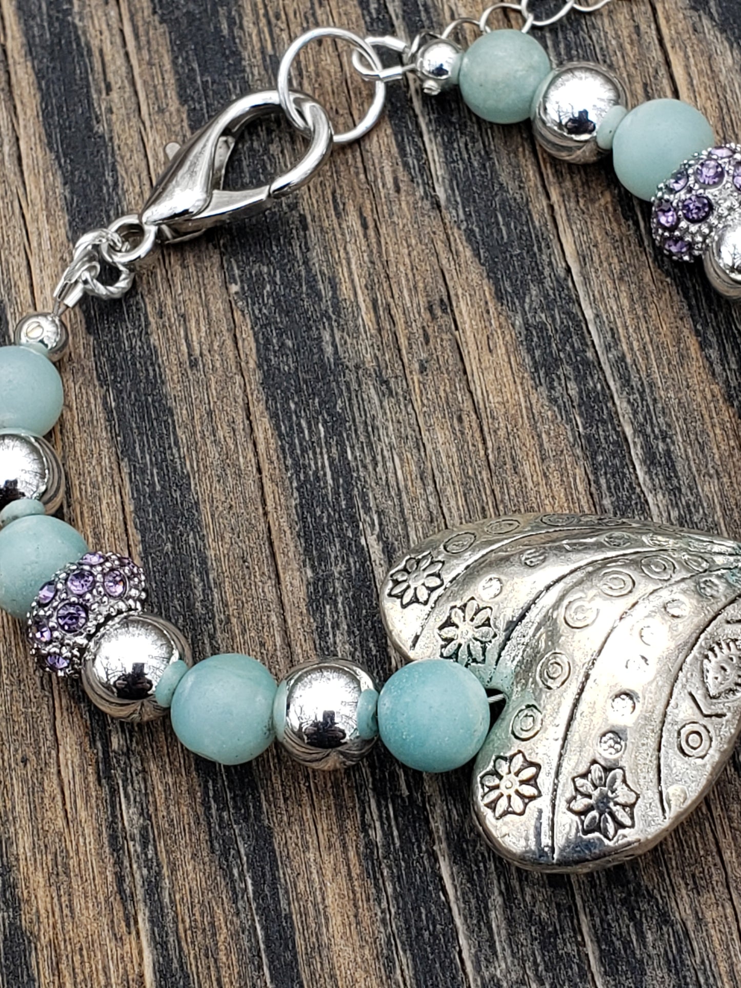 Handmade amazonite gemstone bracelet with silver heart close up