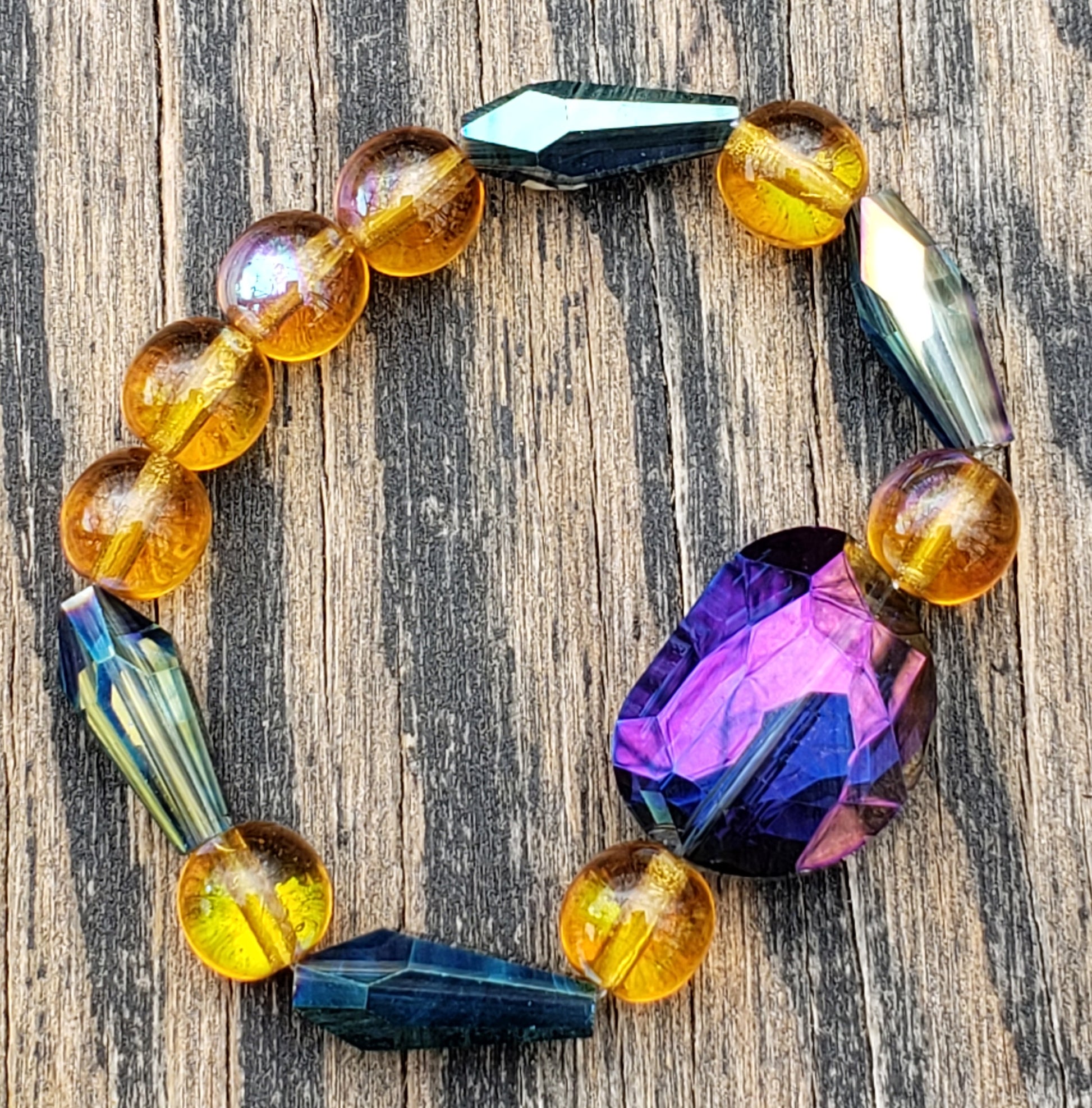 Amber, purple and blue glass beaded stretch bracelet