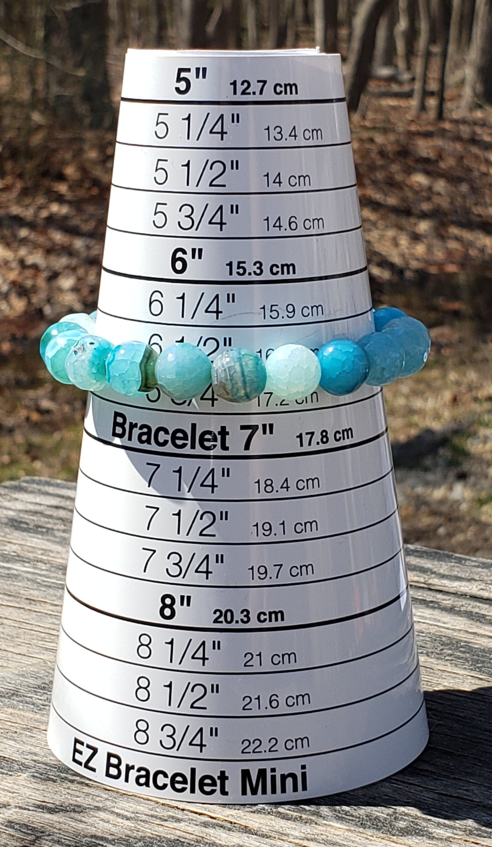 Handmade aqua agate bracelet on bracelet sizer