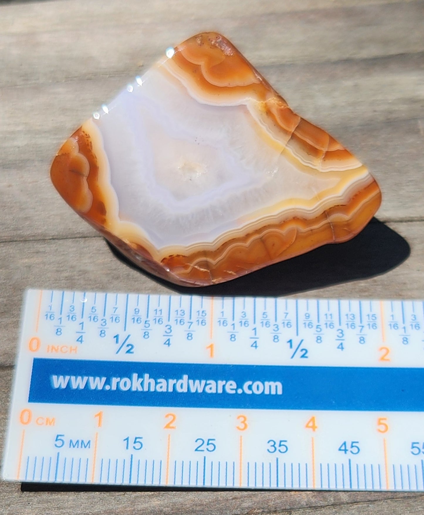 Mexican agate displayed on ruler for scale TA327