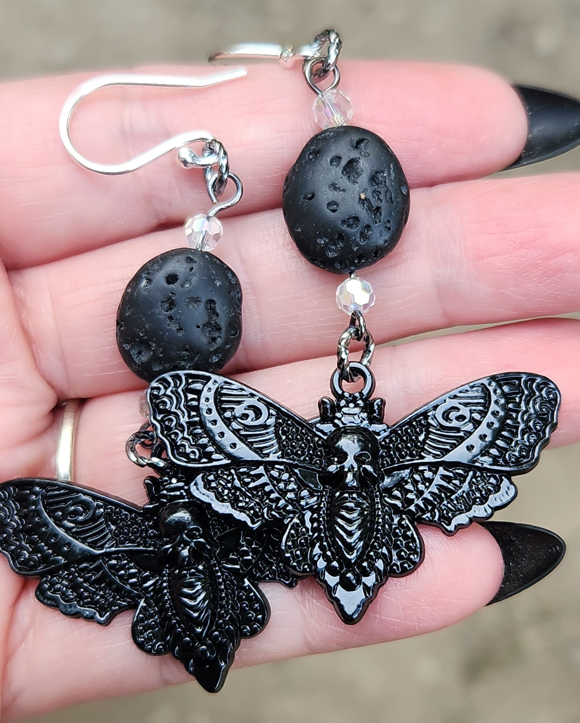 Black moth and lava bead sterling silver dangle earrings