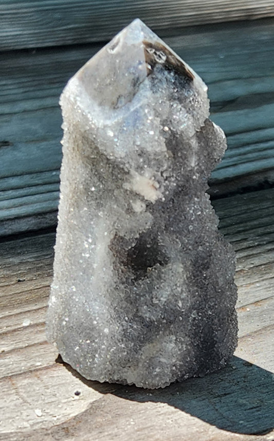 Natural black sphalerite crystal tower showing druzy texture
