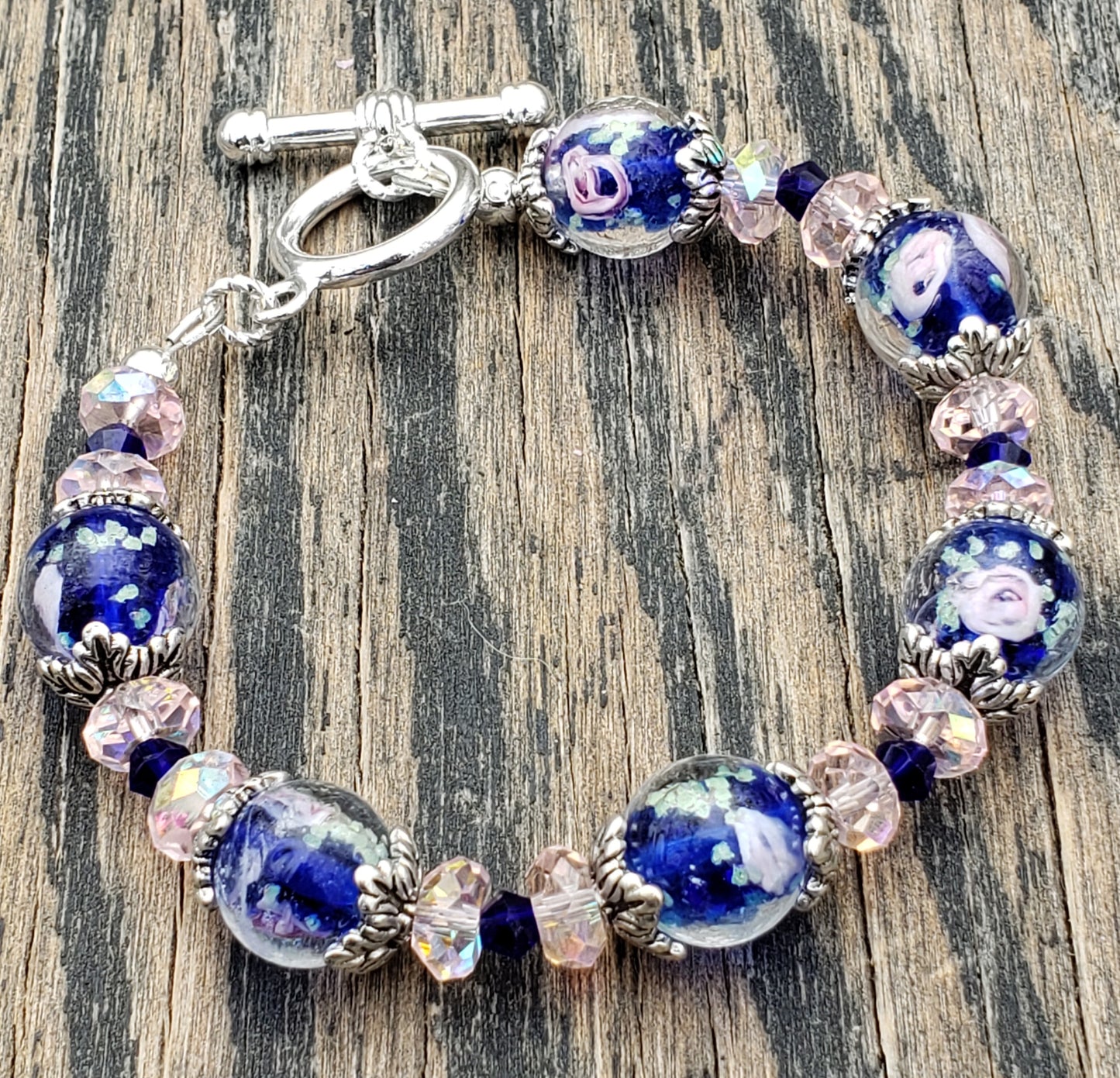 Handmade blue and pink flower lampwork glass beaded bracelet with toggle clasp