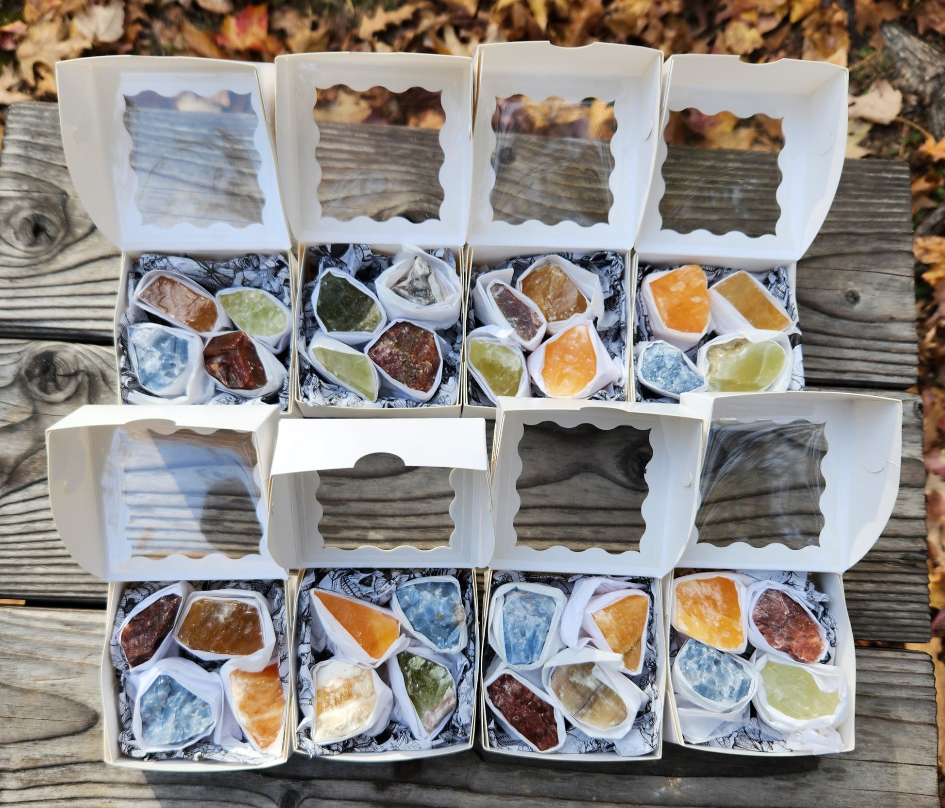 Colorful rough calcite pieces packaged as a candy box variation 