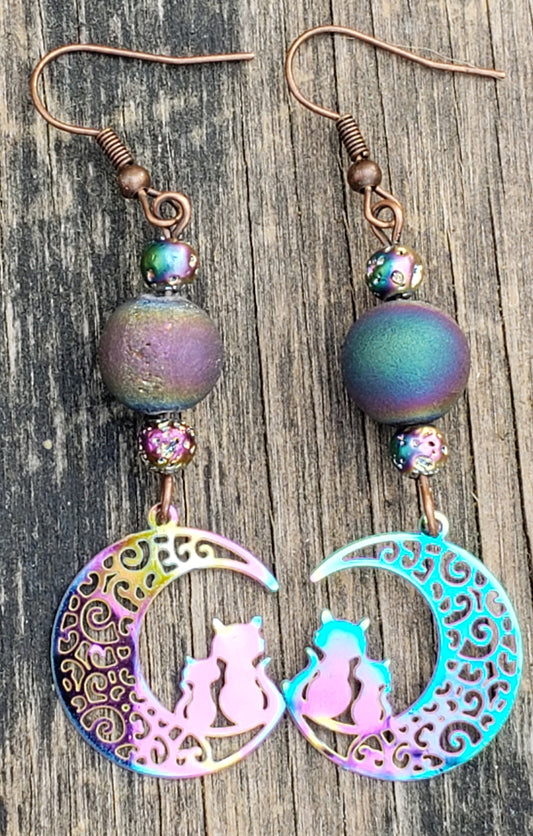 Cat and moon charm earrings with electroplated agate and lava beads