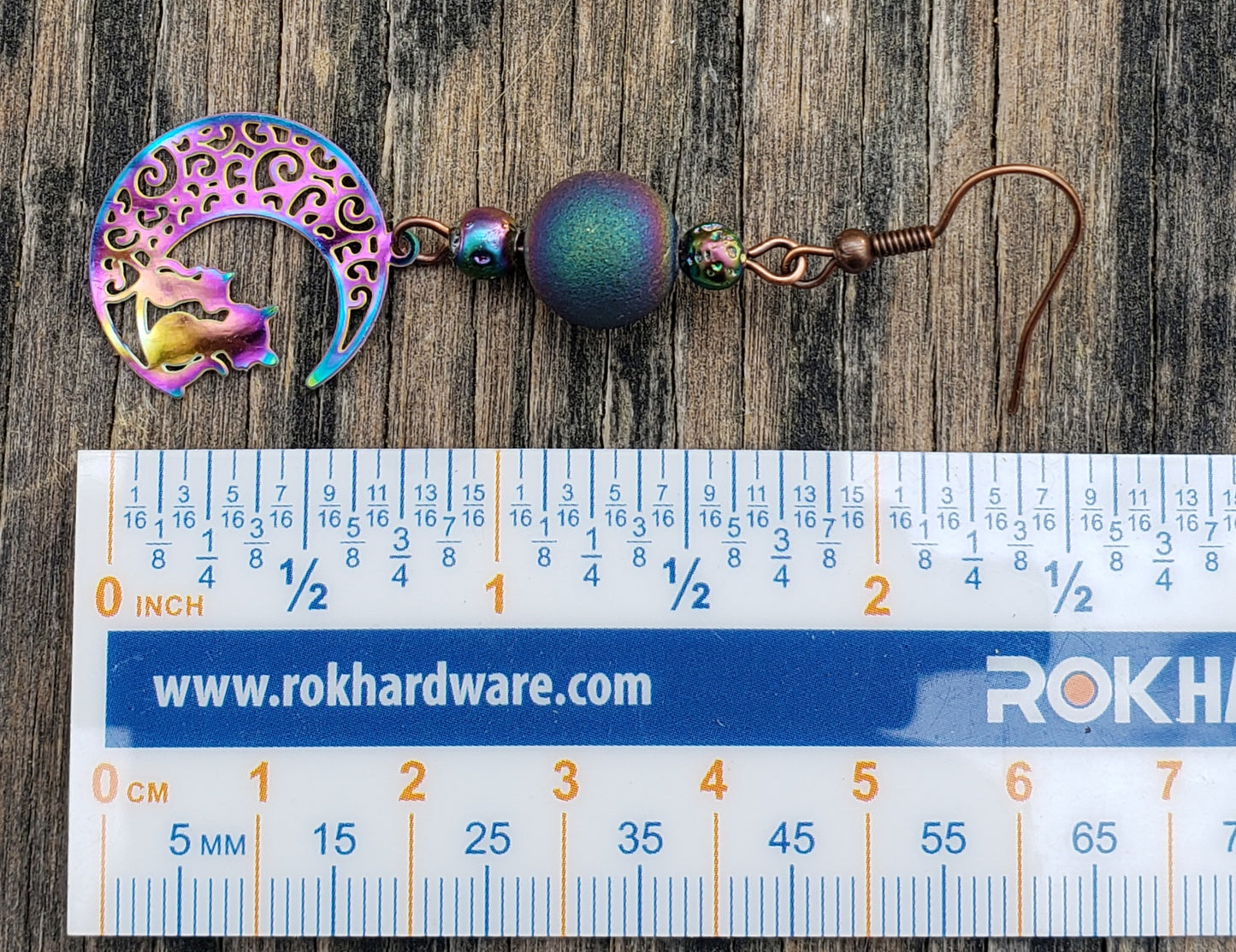 Cat and moon charm earrings with electroplated agate and lava beads with ruler