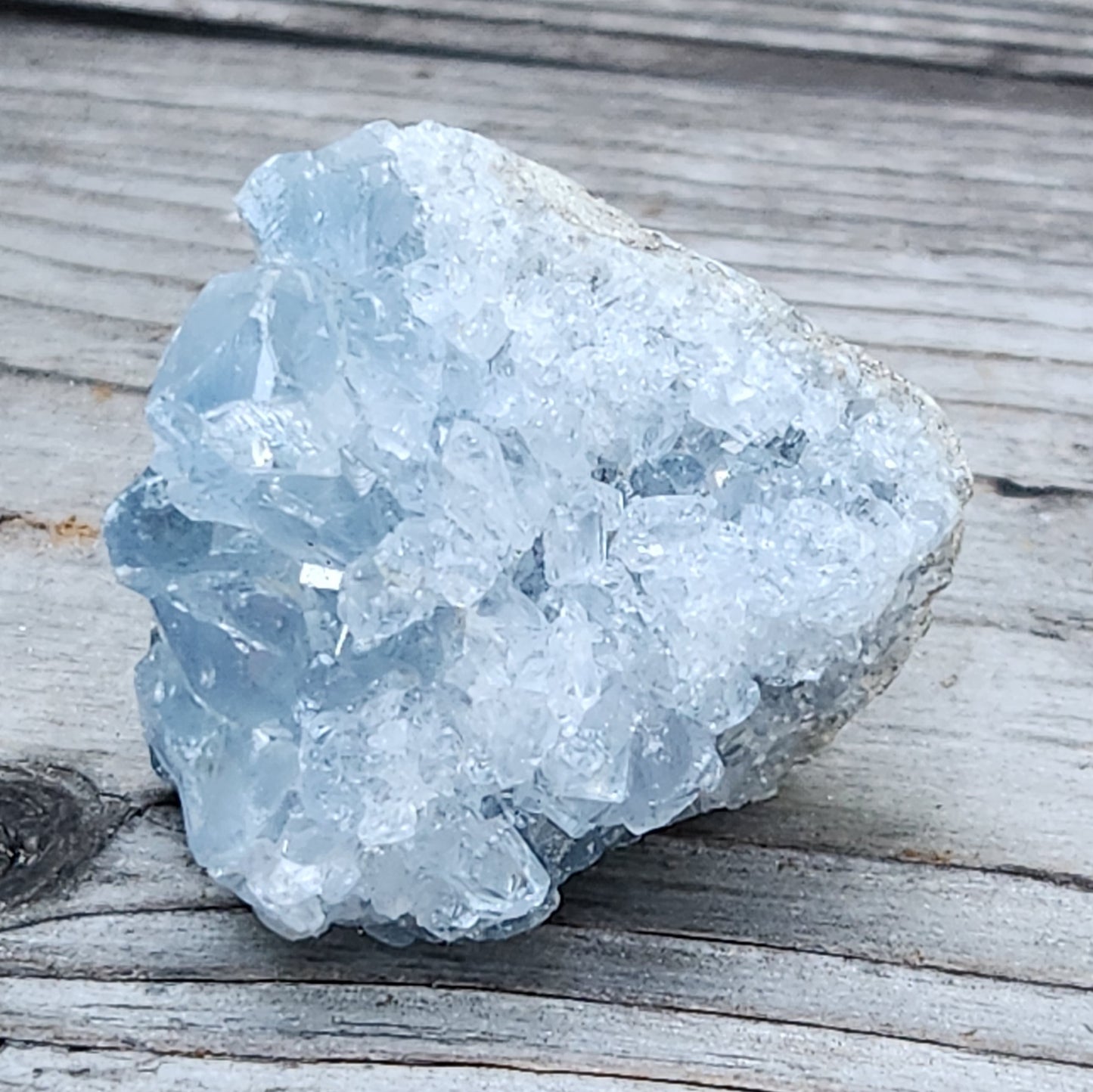 Blue Celestine mineral specimen with druzy crystal formation, item RC433