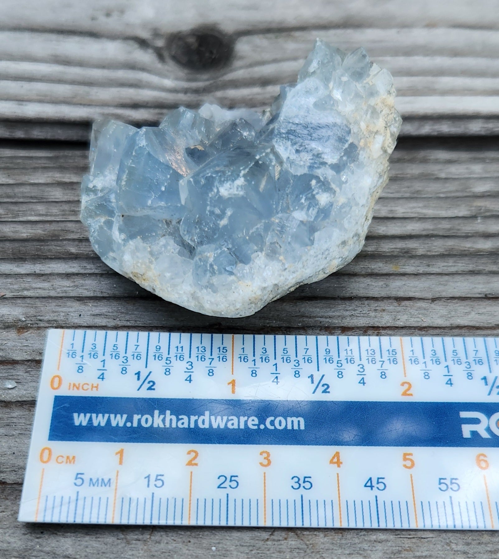 Natural Celestite crystal cluster with ruler for size, item RC432