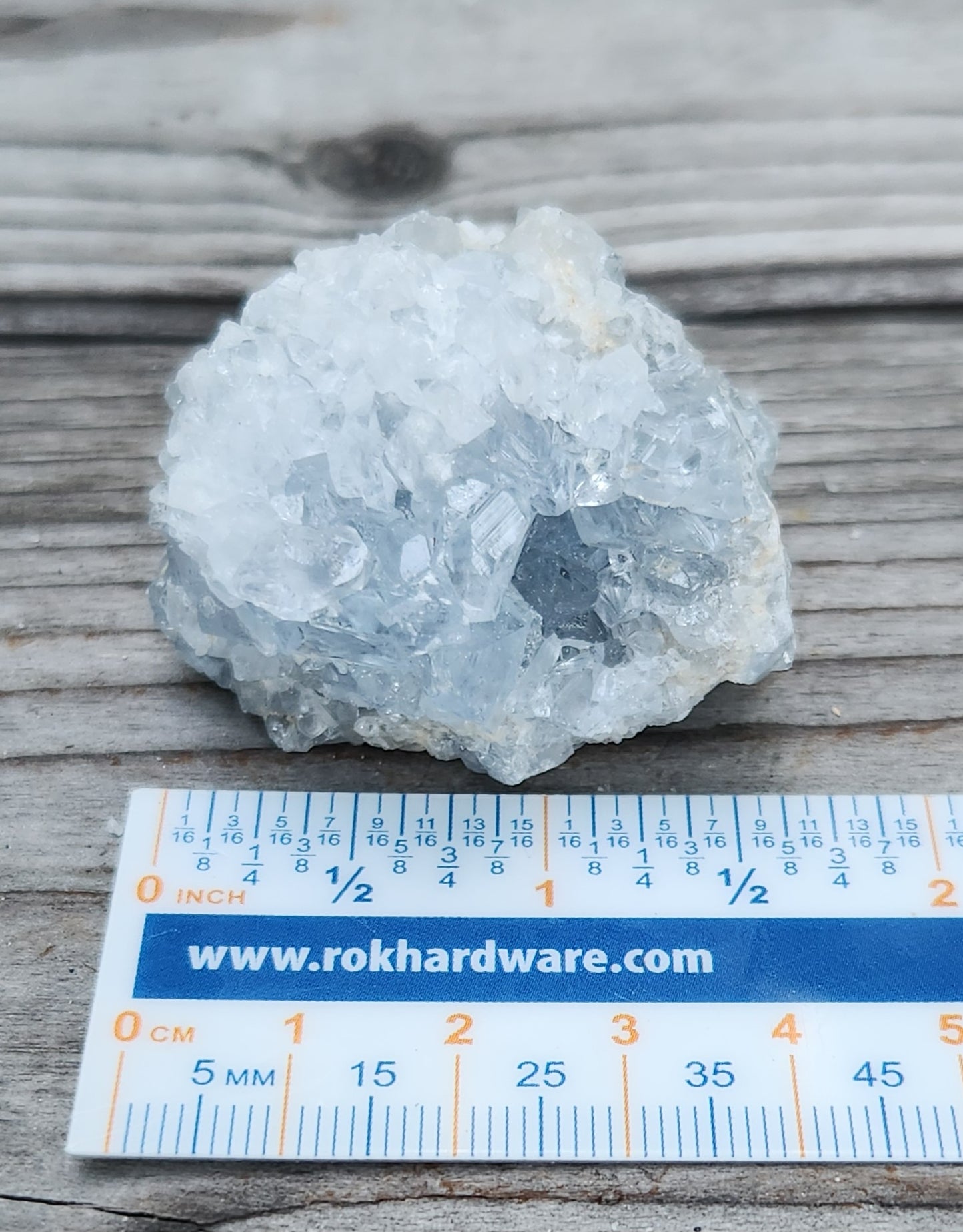 Raw Celestite crystal cluster with ruler for size, item RC434
