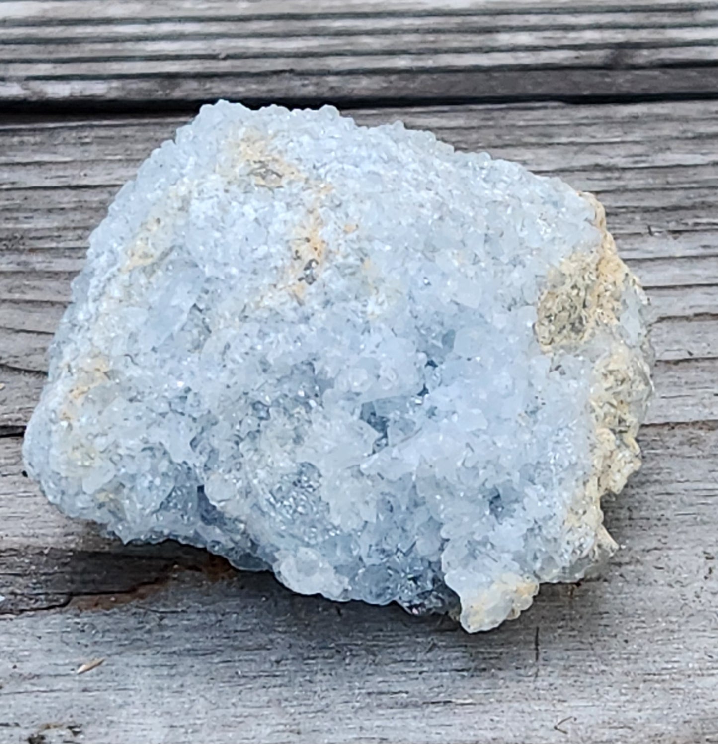 Blue Celestine mineral specimen with druzy crystal formation, item RC431