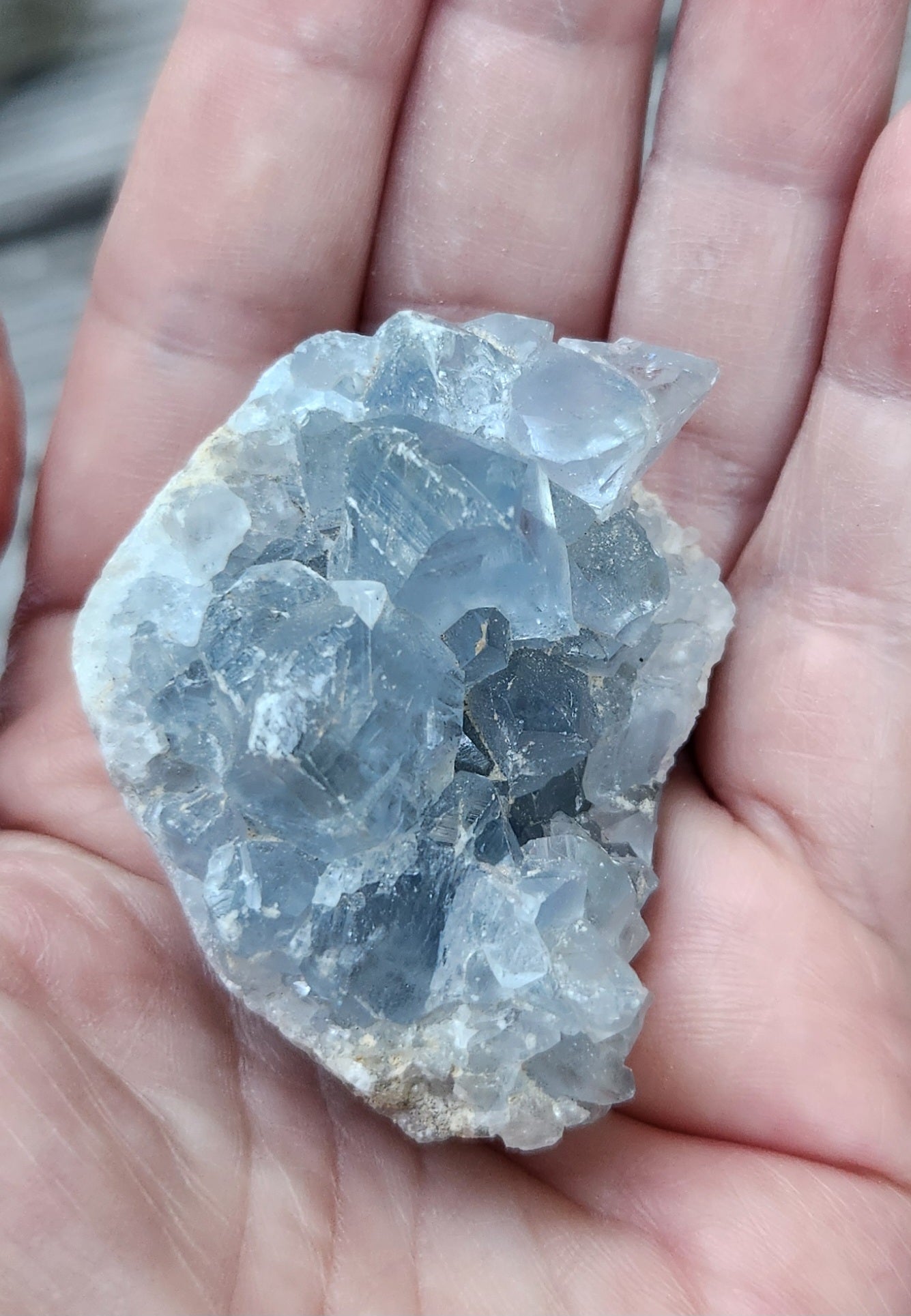 Natural Celestite crystal cluster with translucent blue terminations, item RC432