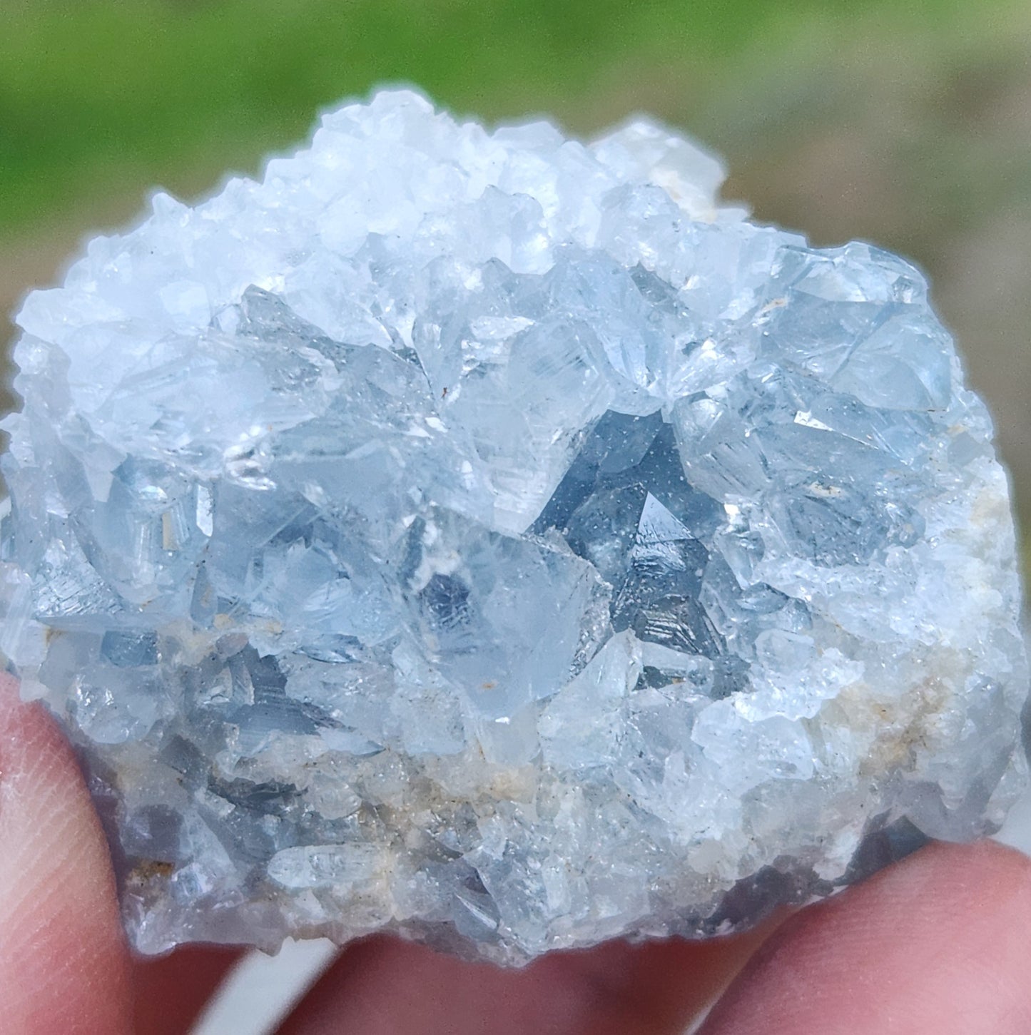 Natural Celestite crystal cluster with translucent blue terminations, item RC434