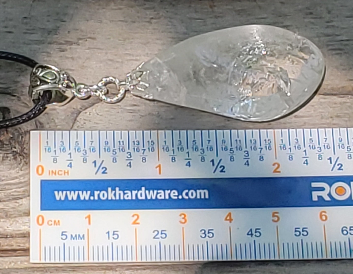 Self-tumbled clear quartz crystal necklace size with ruler