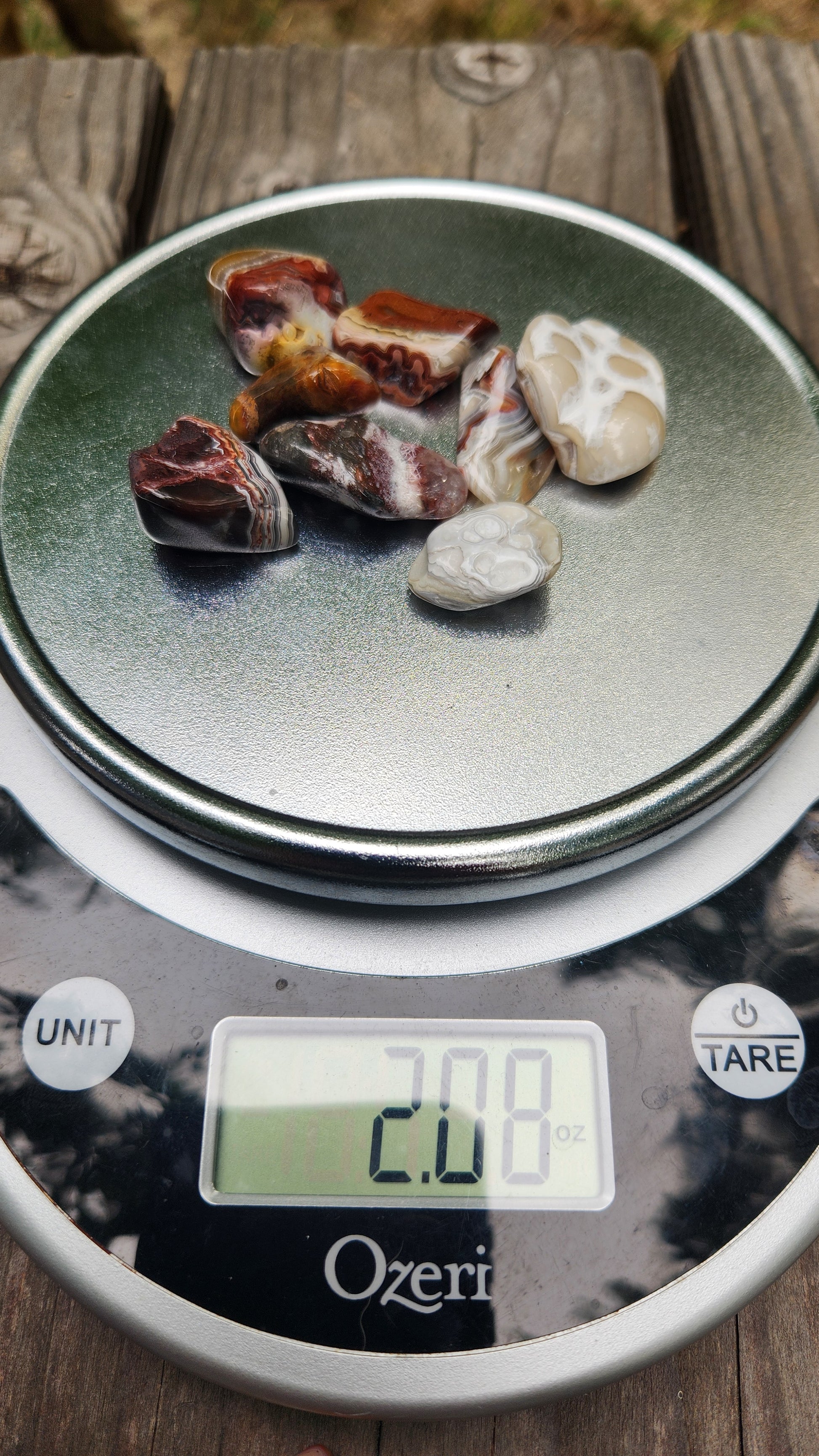 In-house tumbled Crazy Lace Agate displayed on scale for weight reference, TA386