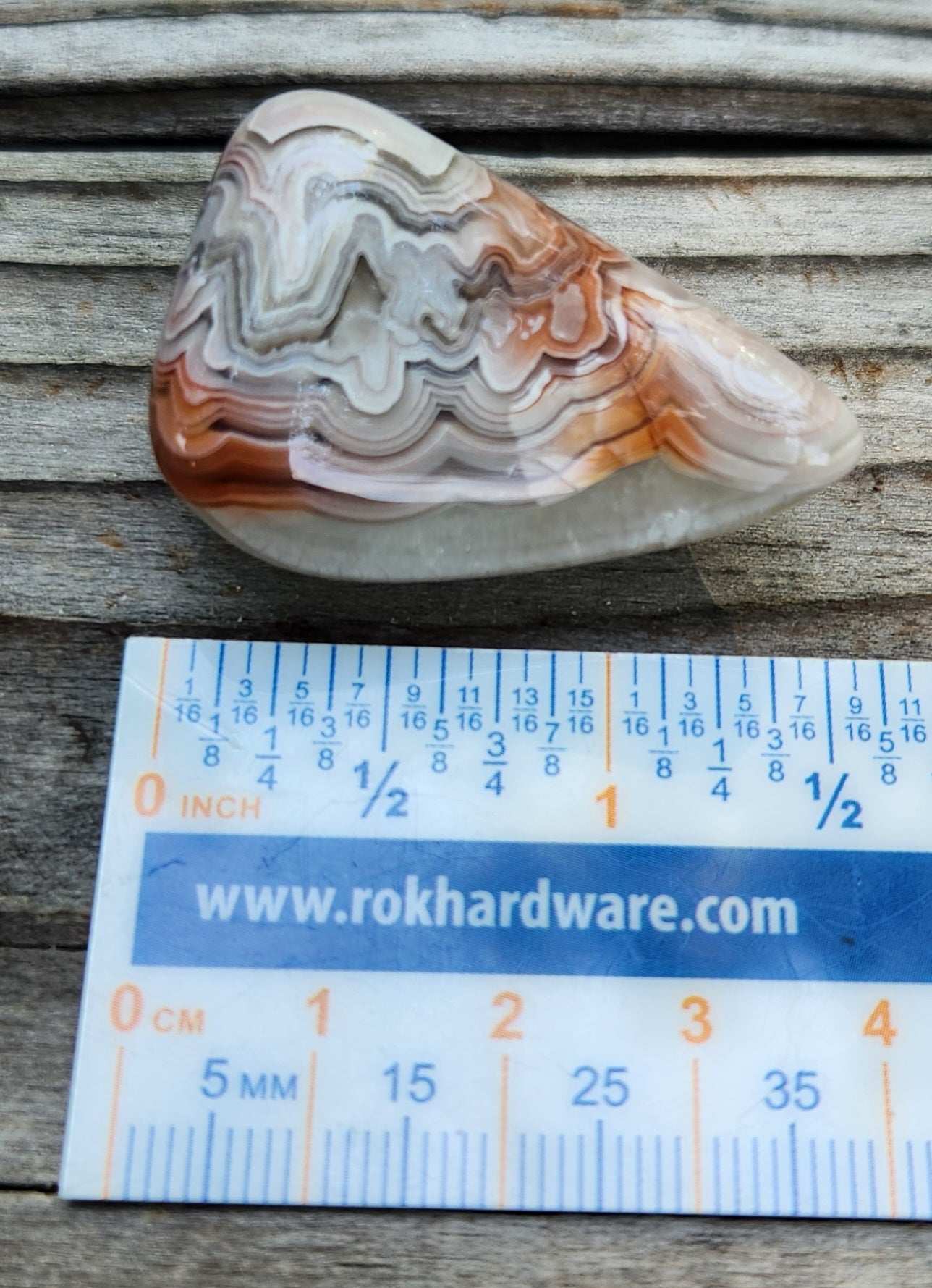 Mexican Crazy Lace Agate shown with ruler for size reference, TA356