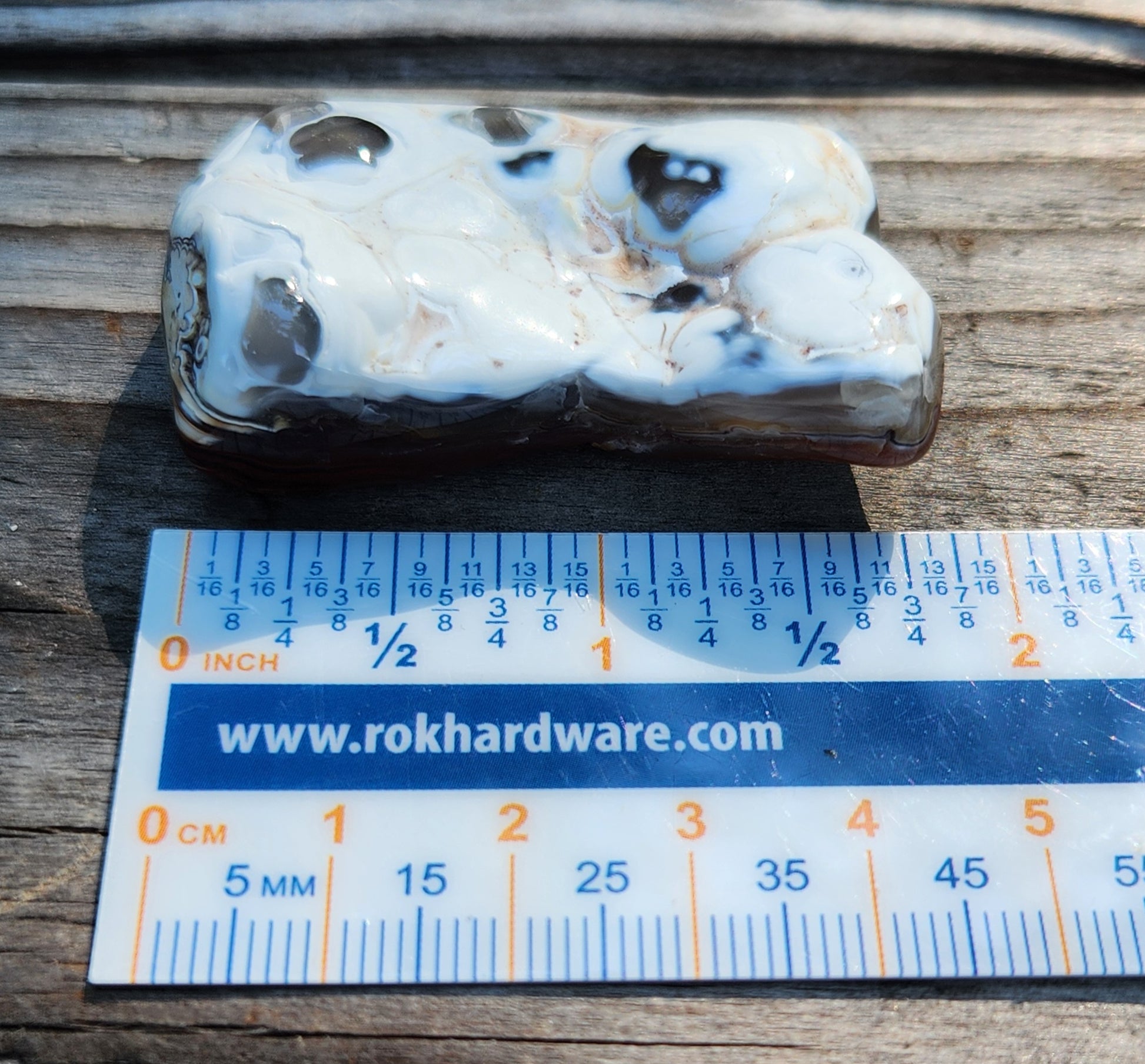 Mexican Crazy Lace Agate shown with ruler for size reference, TA357