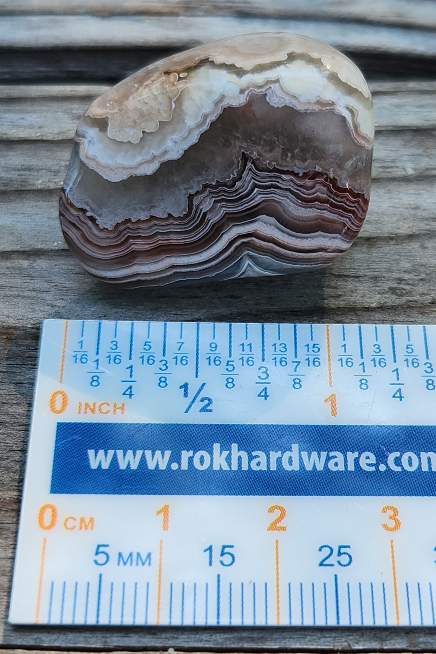 Mexican Crazy Lace Agate shown with ruler for size reference, TA358