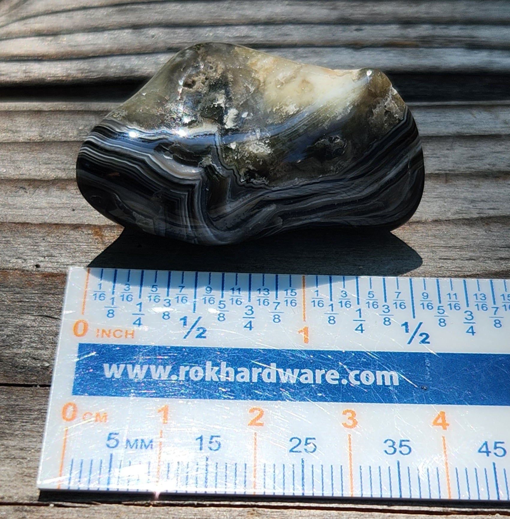 Mexican Crazy Lace Agate displayed with ruler for size reference, TA365