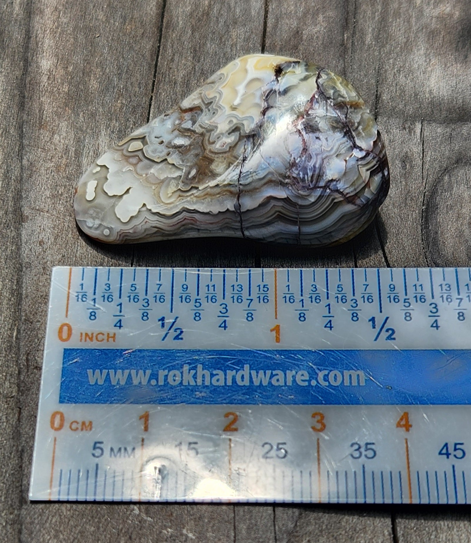 Crazy Lace Agate displayed with ruler for size reference, TA373