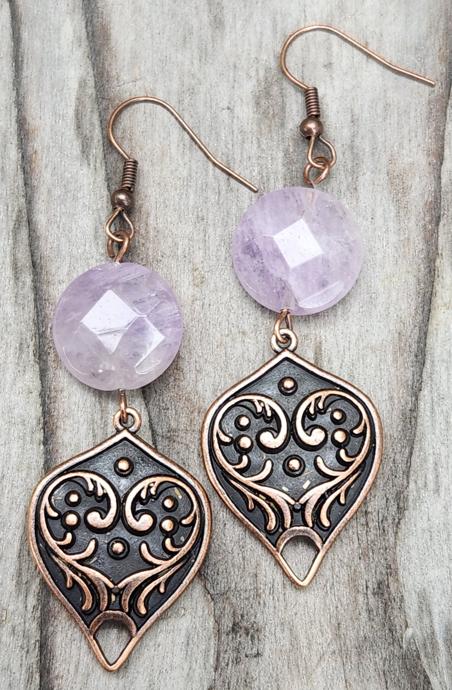Amethyst and red copper filigree dangle earrings