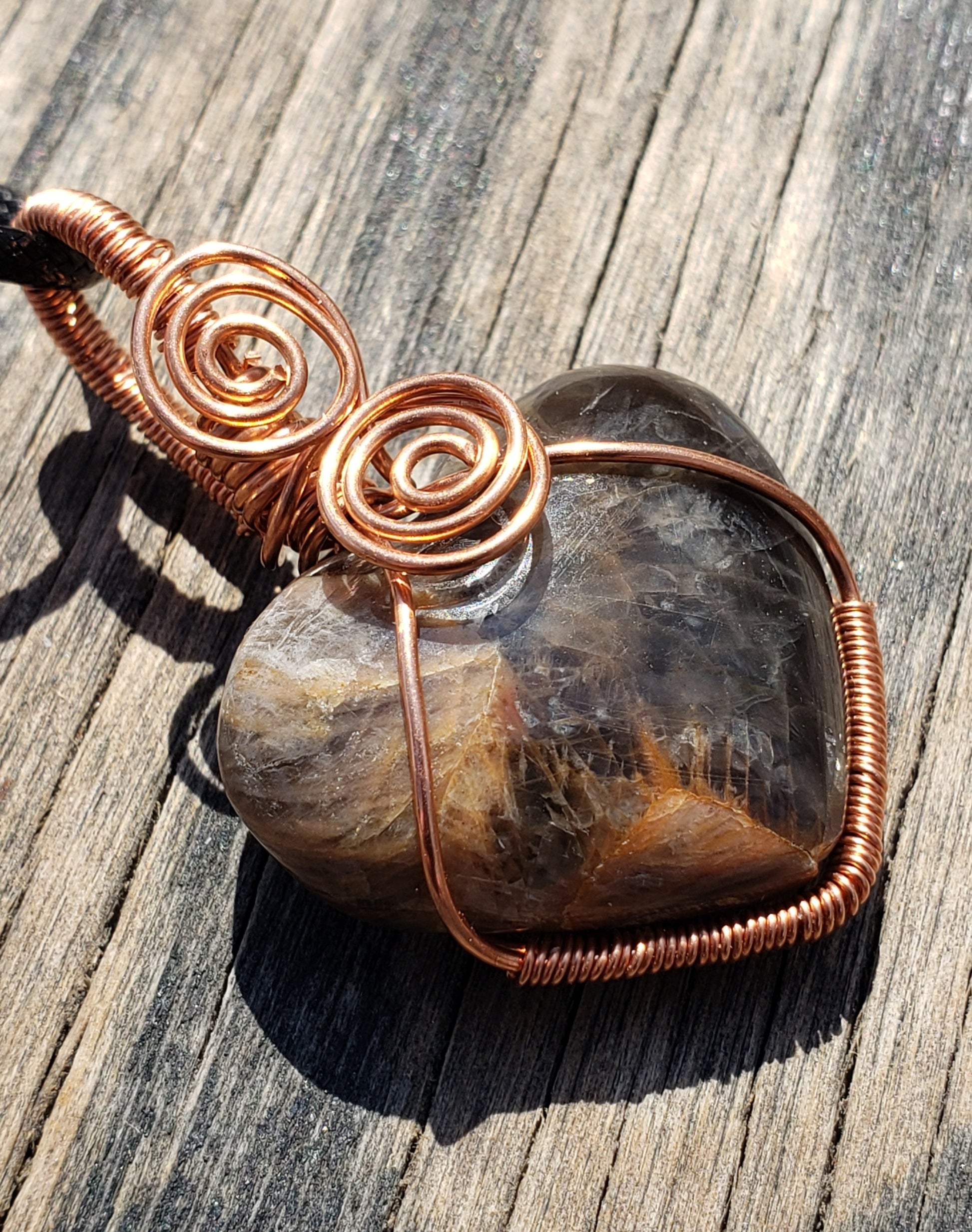 Handmade black moonstone heart necklace - wire wrapped