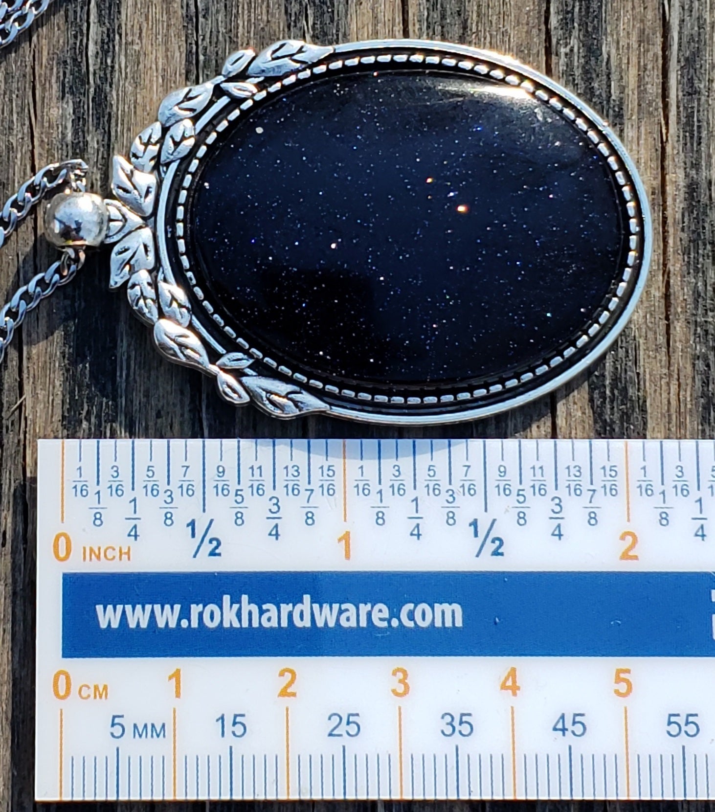 Blue goldstone necklace with 40×30 mm oval stone pendant ruler