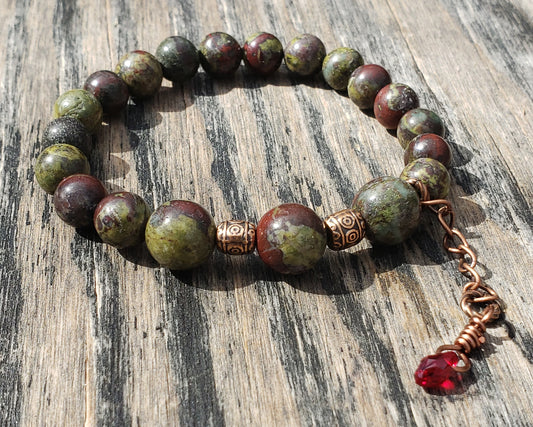 Dragon’s Blood Jasper stretch bracelet with crystal blood-drop dangle charm