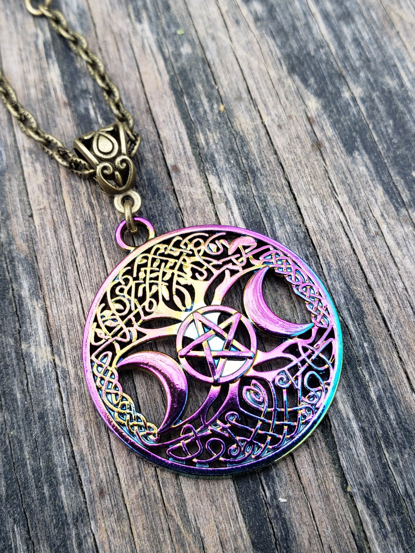 Wiccan triple moon necklace close up