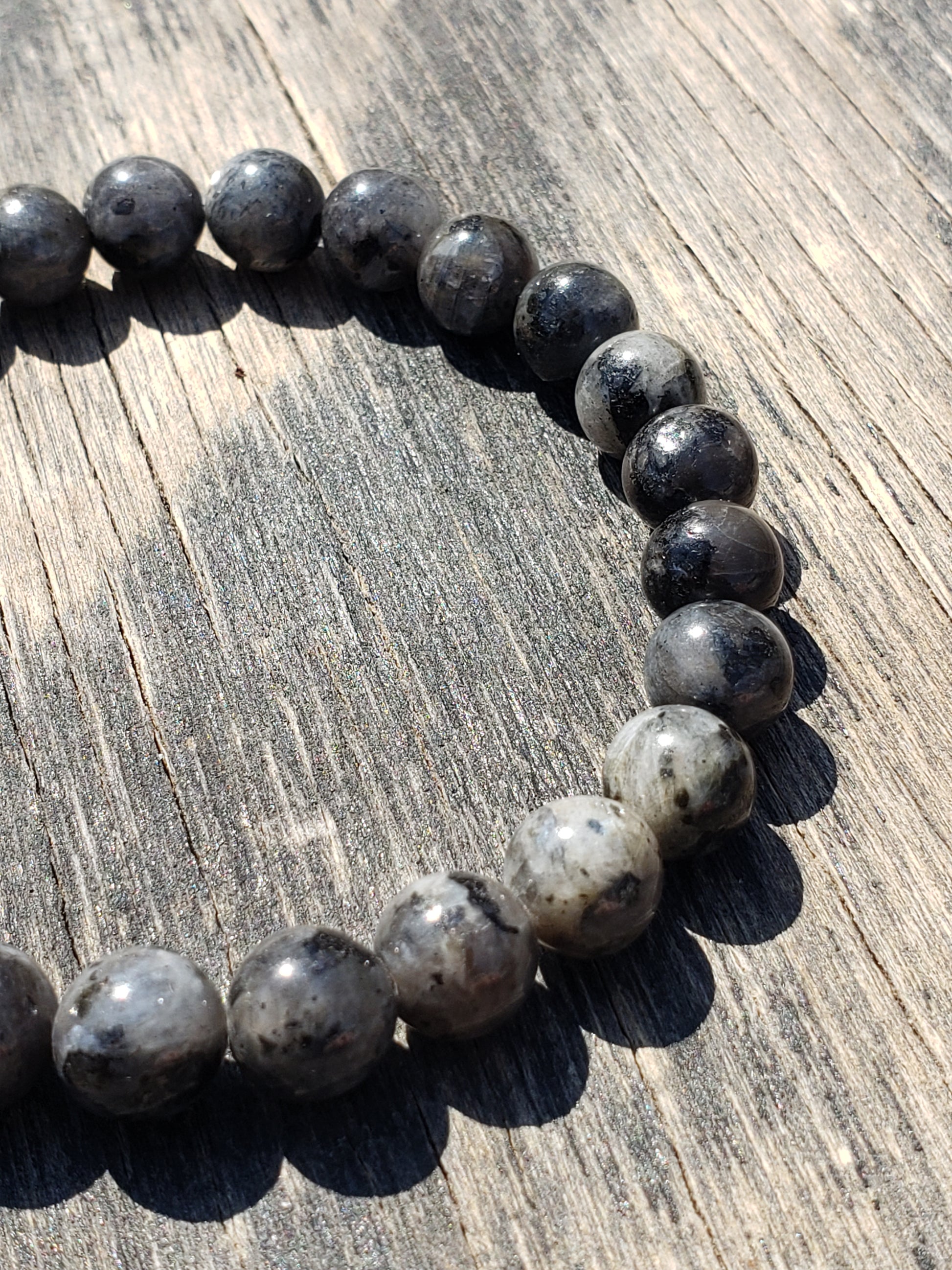 Larvikite stretch bracelet bead close up