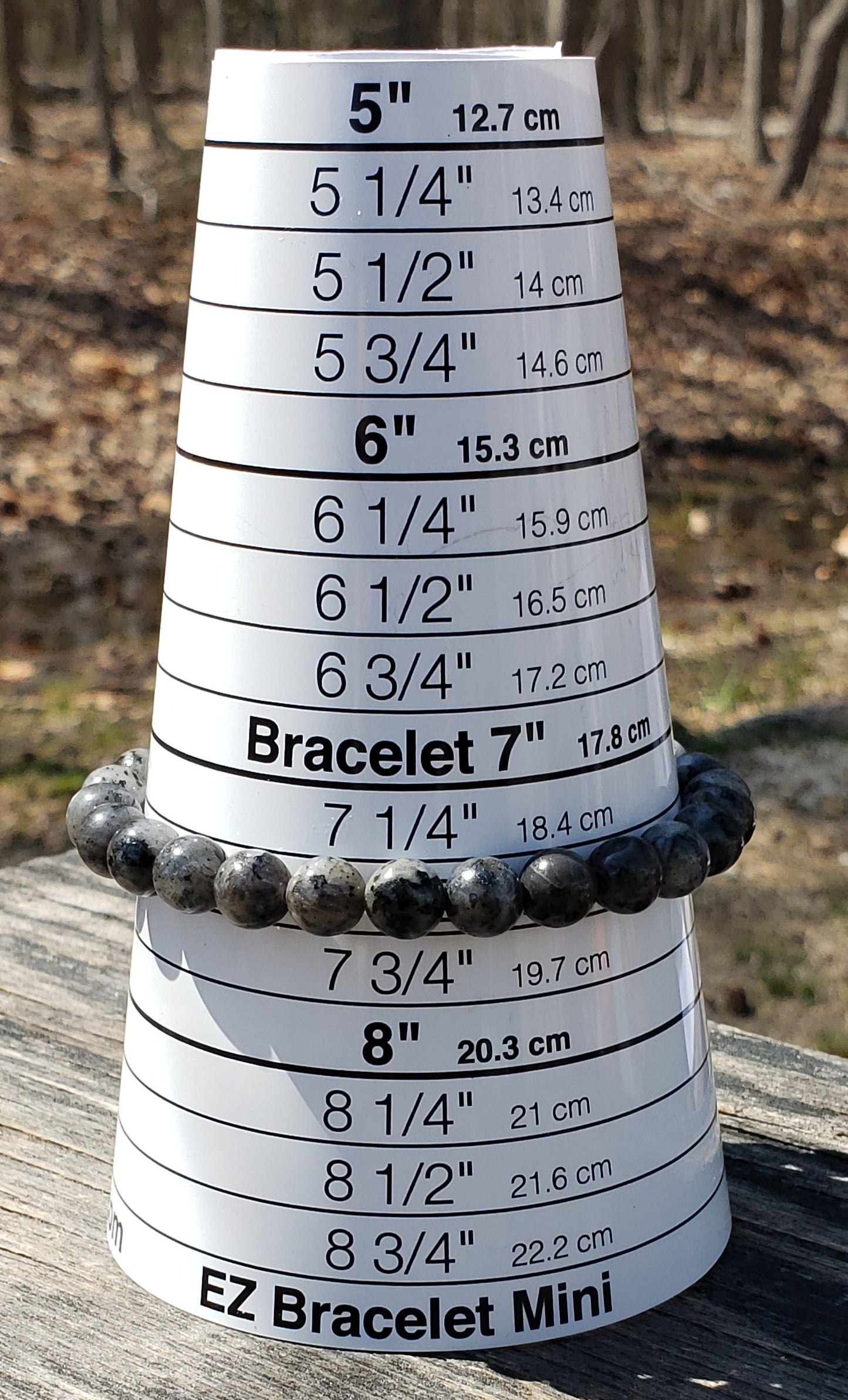 Larvikite stretch bracelet on sizer