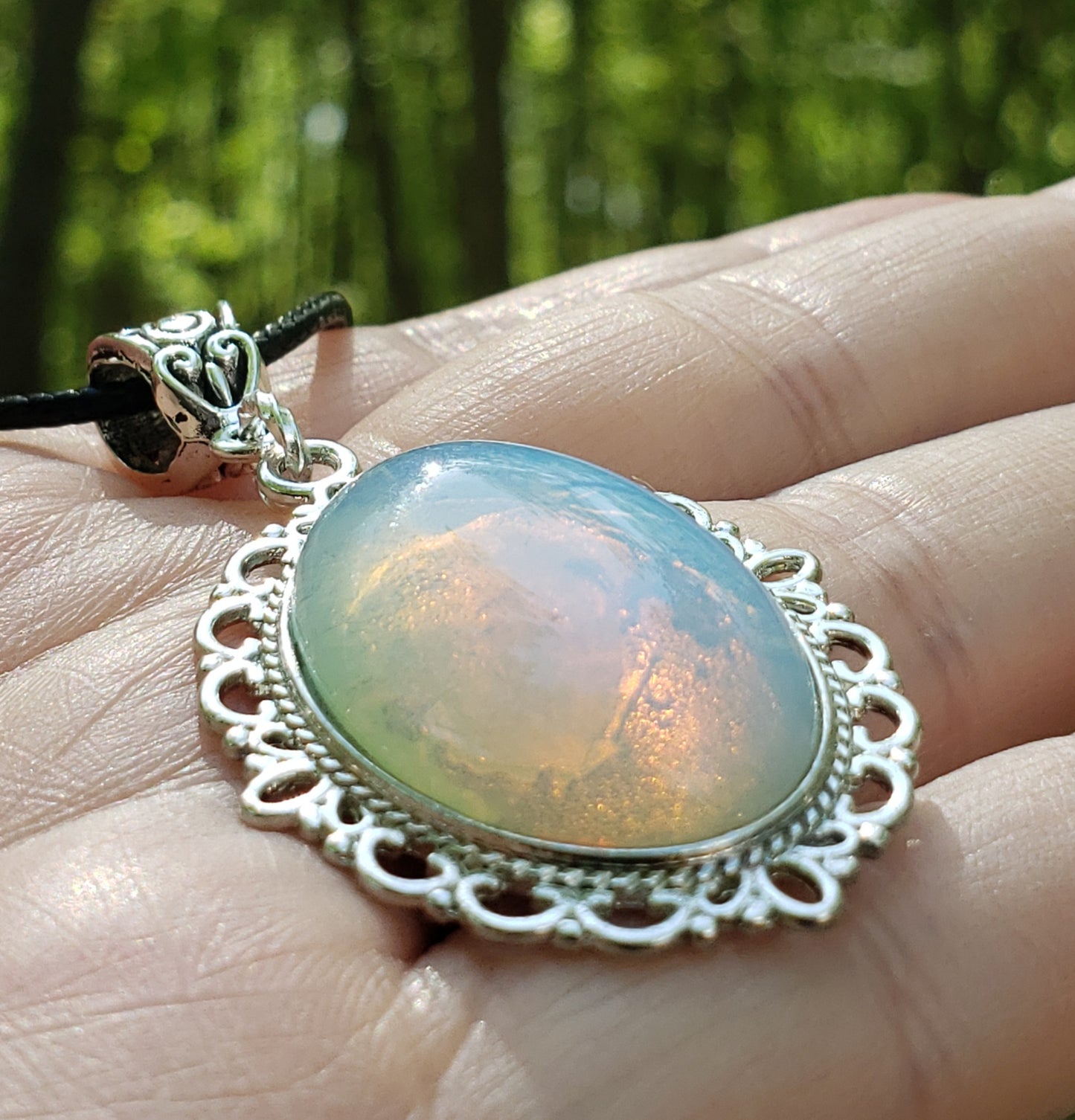 Opalite necklace with 25×18 mm stone pendant close up