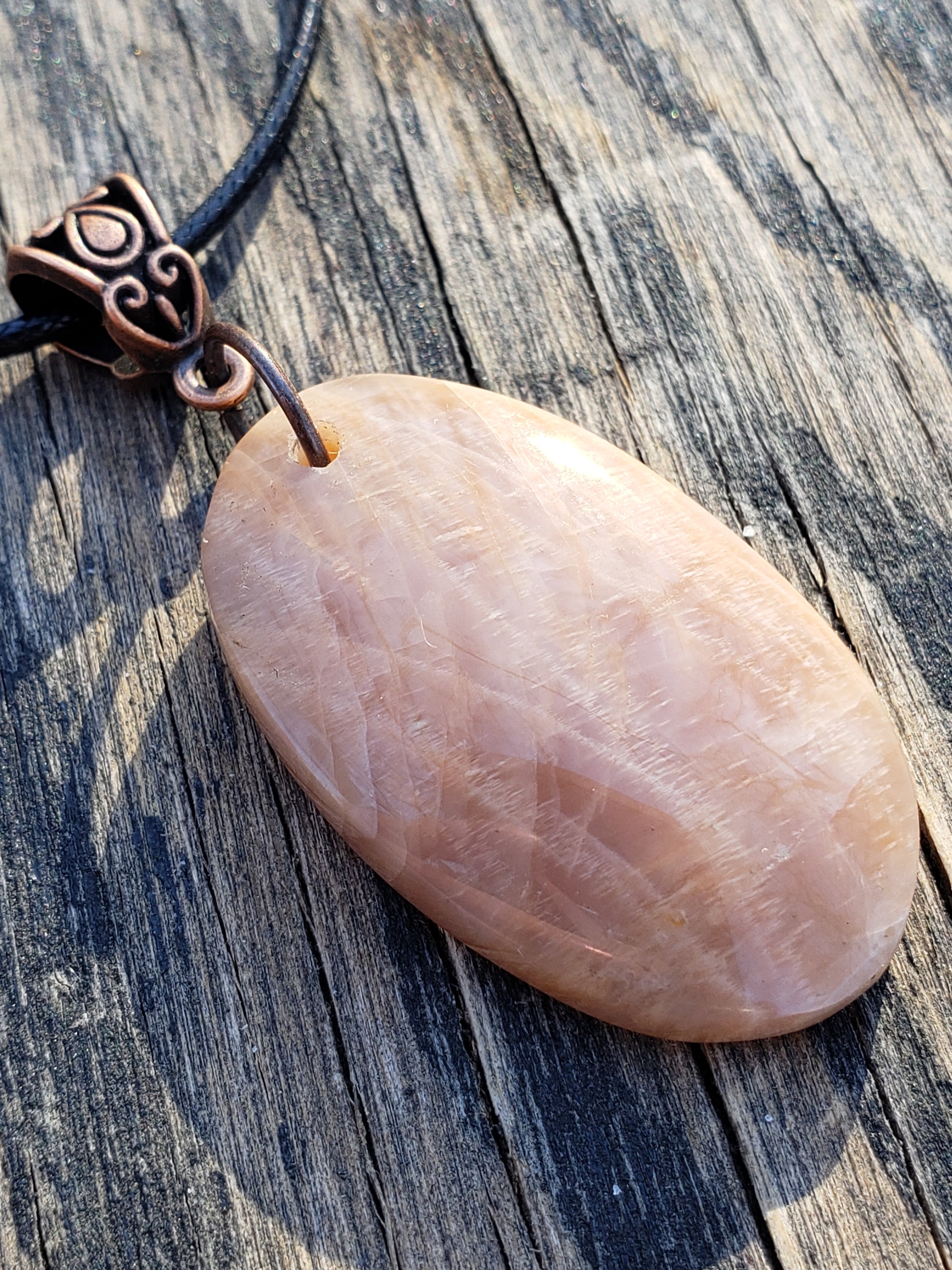 Handmade peach moonstone necklace close up