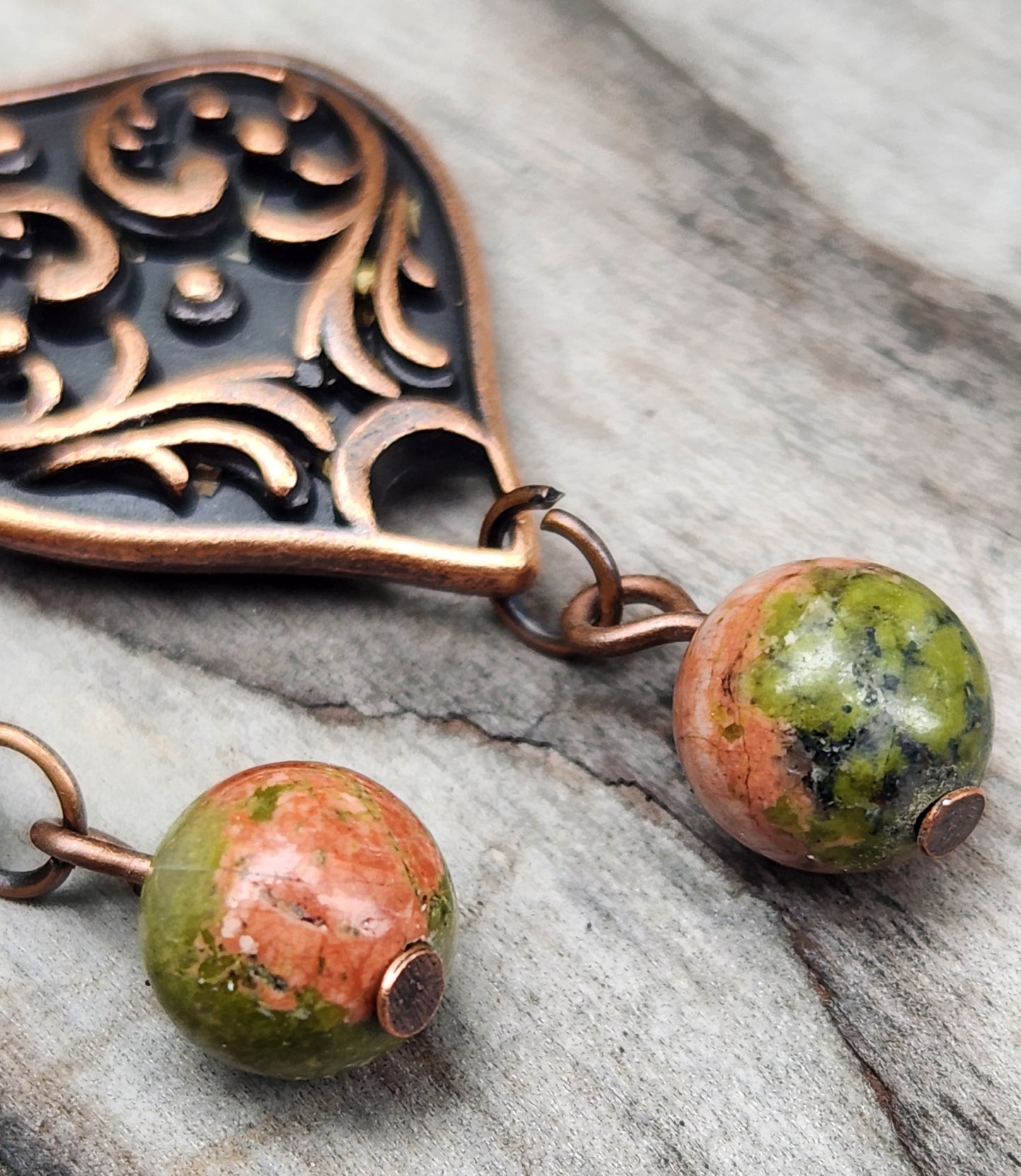 Unakite and red copper filigree dangle earrings beads