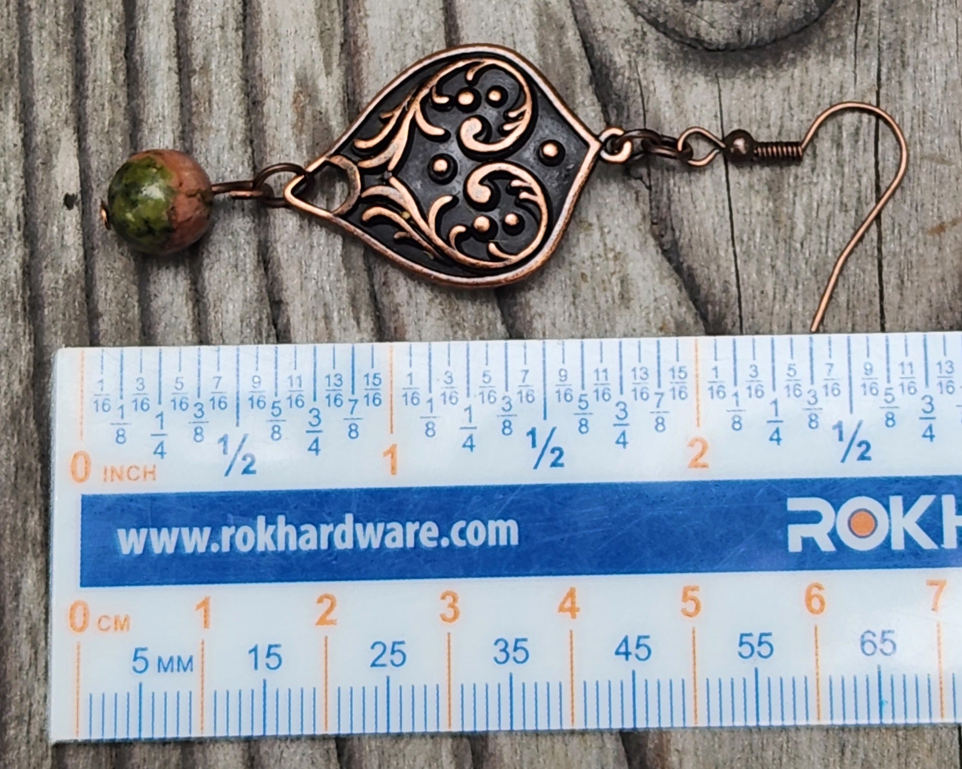 Unakite and red copper filigree dangle earrings size