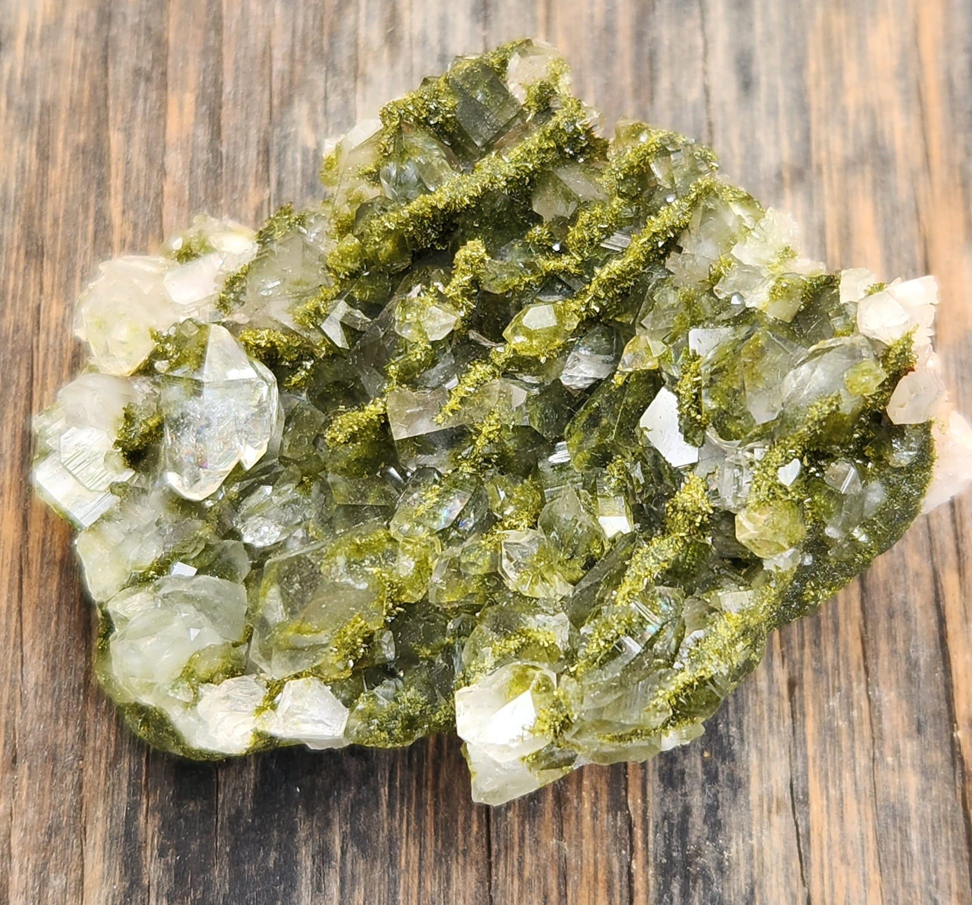 High grade Forest Epidote with clear quartz crystal cluster specimen from Hakkari Turkey. SP466