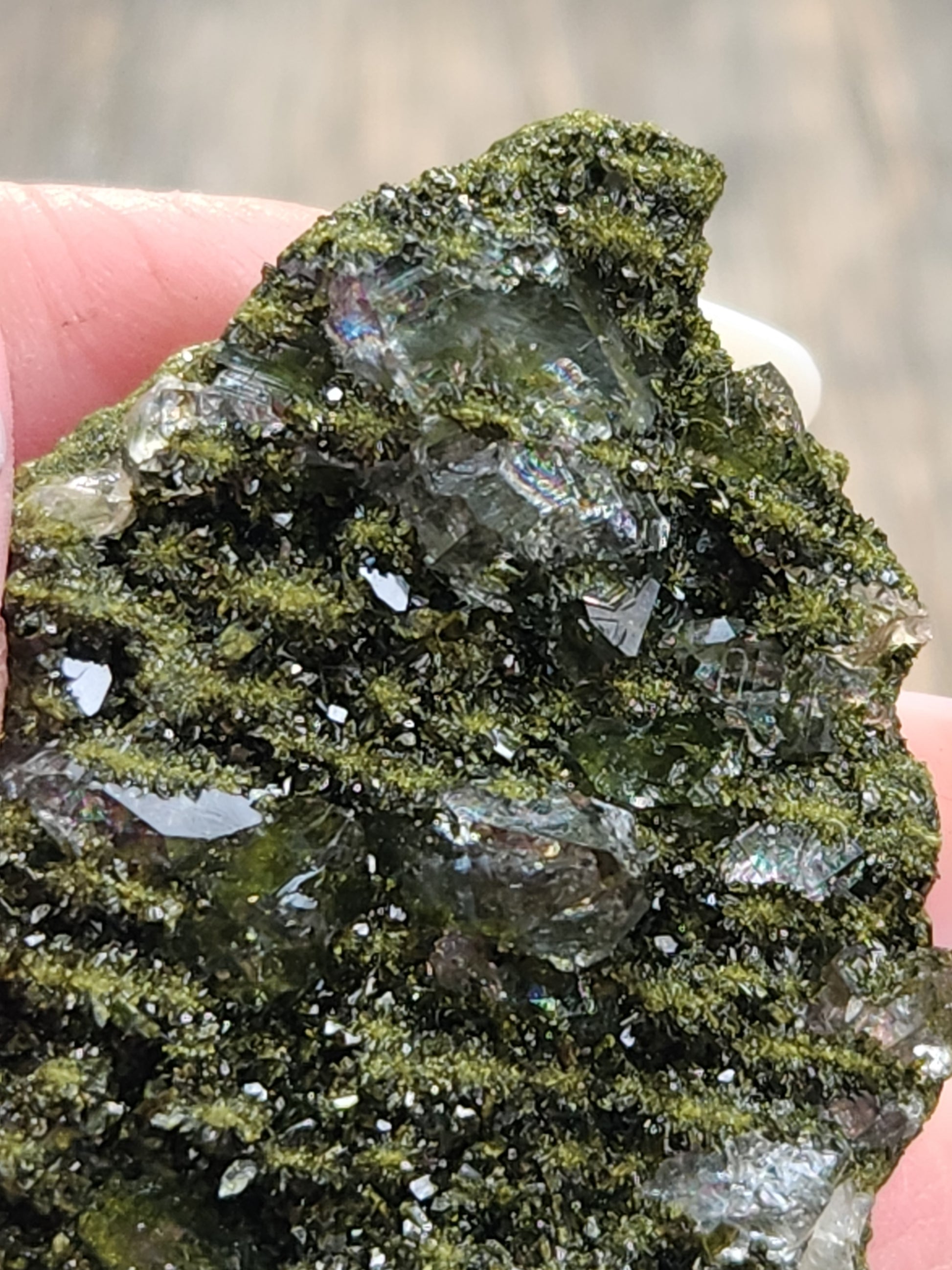 Close-up of green epidote crystals and clear quartz on natural matrix from Hakkari Turkey. SP468