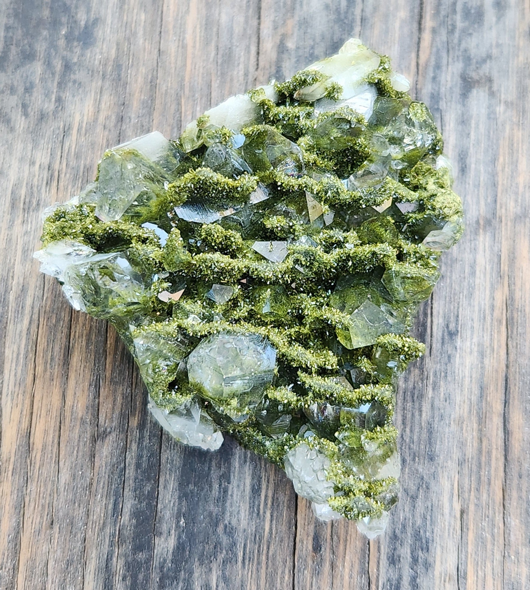 High grade Forest Epidote with clear quartz crystal cluster specimen from Hakkari Turkey. SP470