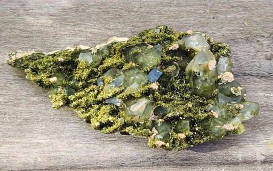 High grade Forest Epidote with clear quartz crystal cluster specimen from Hakkari Turkey SP453