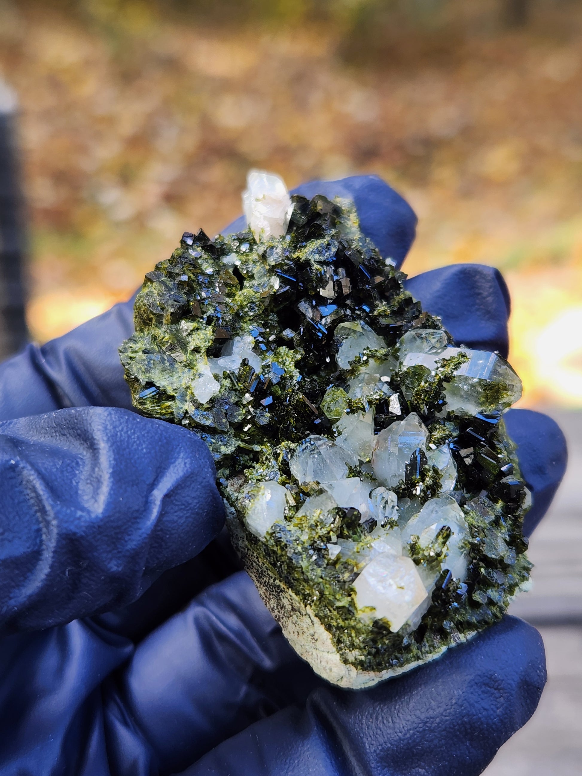 High grade Forest Epidote with clear quartz crystal cluster specimen from Hakkari Turkey. SP454-02